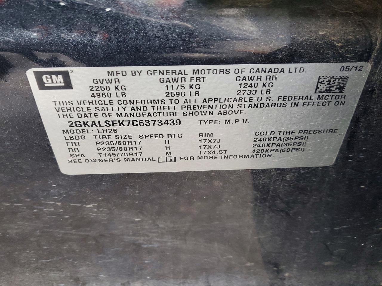 2012 Gmc Terrain Sle Black vin: 2GKALSEK7C6373439