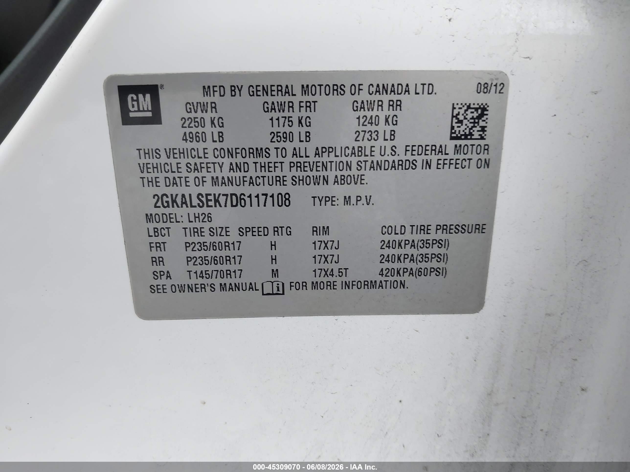 2013 Gmc Terrain Sle-2 White vin: 2GKALSEK7D6117108