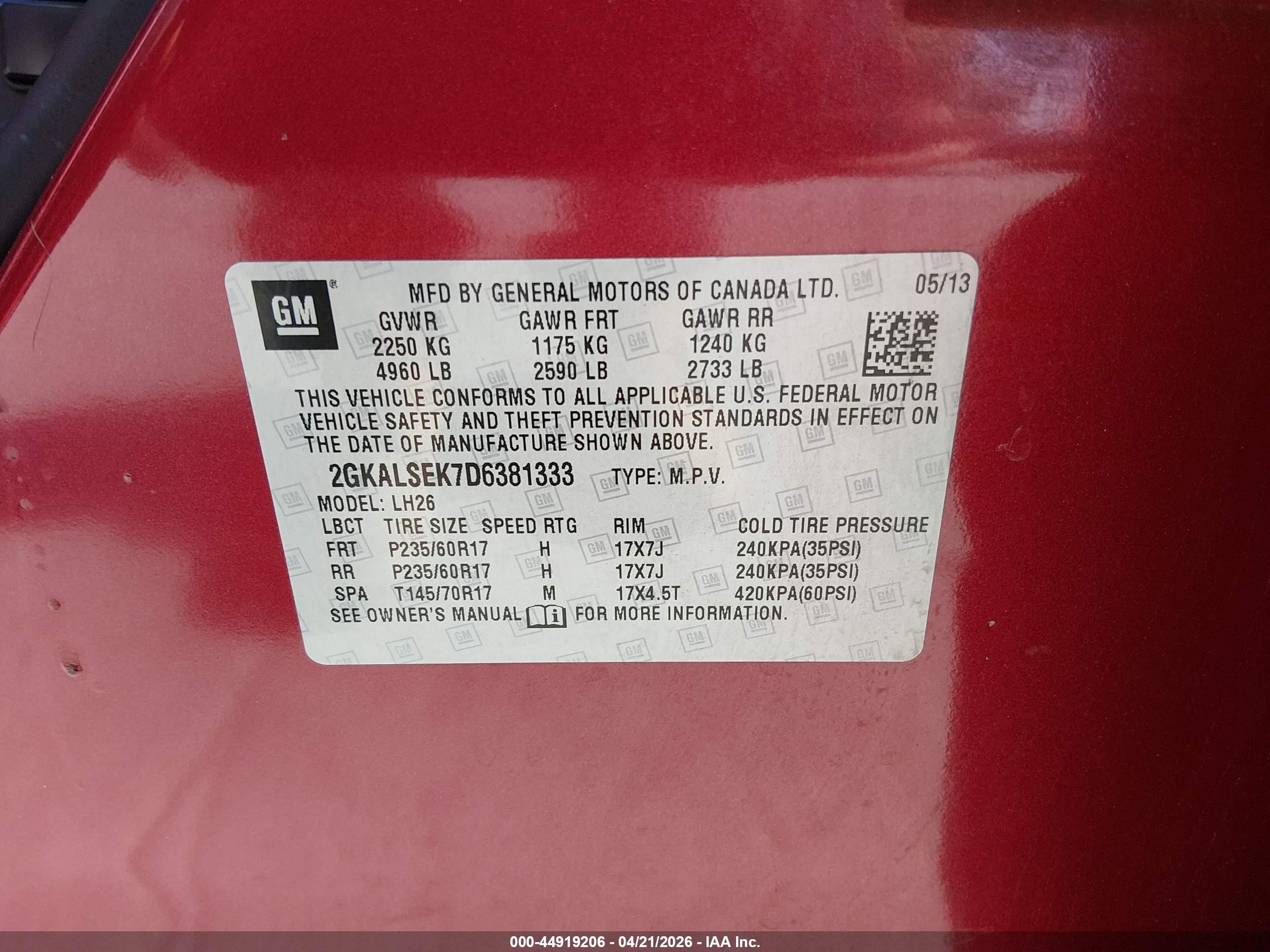 2013 Gmc Terrain Sle-2 Red vin: 2GKALSEK7D6381333