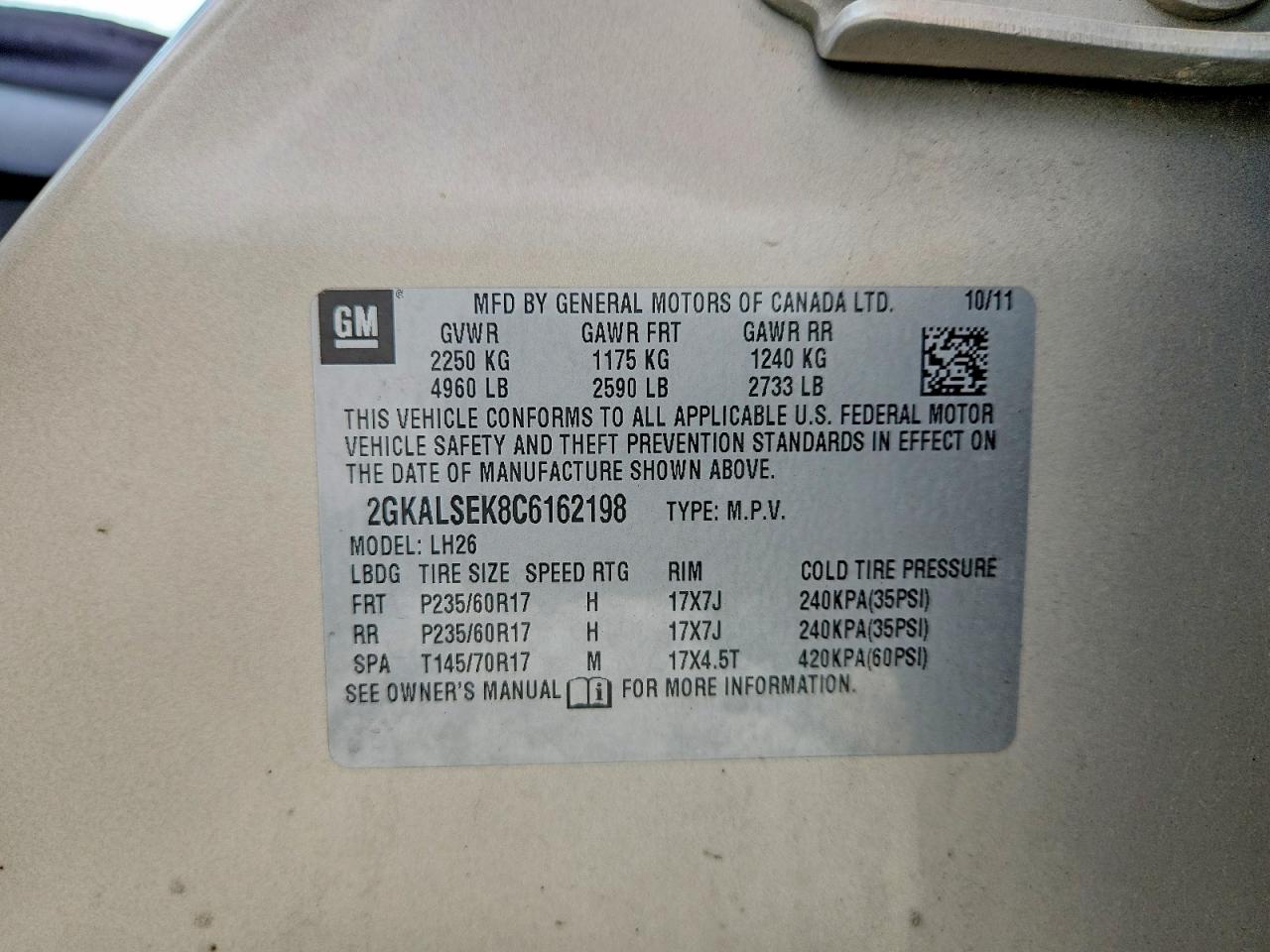 2012 Gmc Terrain Sle Tan vin: 2GKALSEK8C6162198