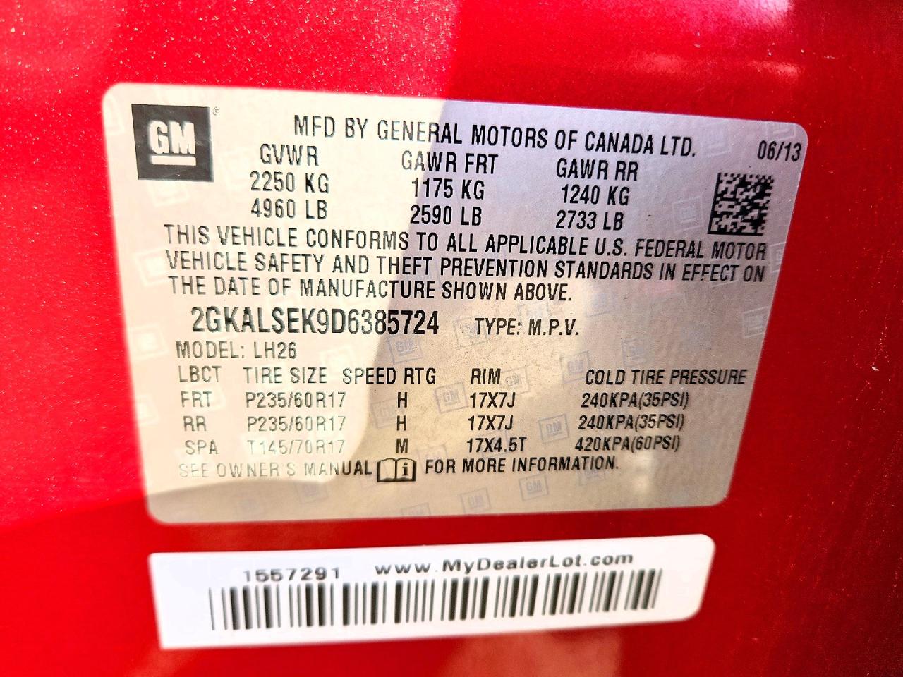 2013 Gmc Terrain Sle Burgundy vin: 2GKALSEK9D6385724