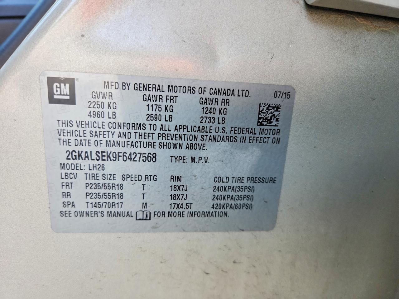 2015 Gmc Terrain Slt Gold vin: 2GKALSEK9F6427568