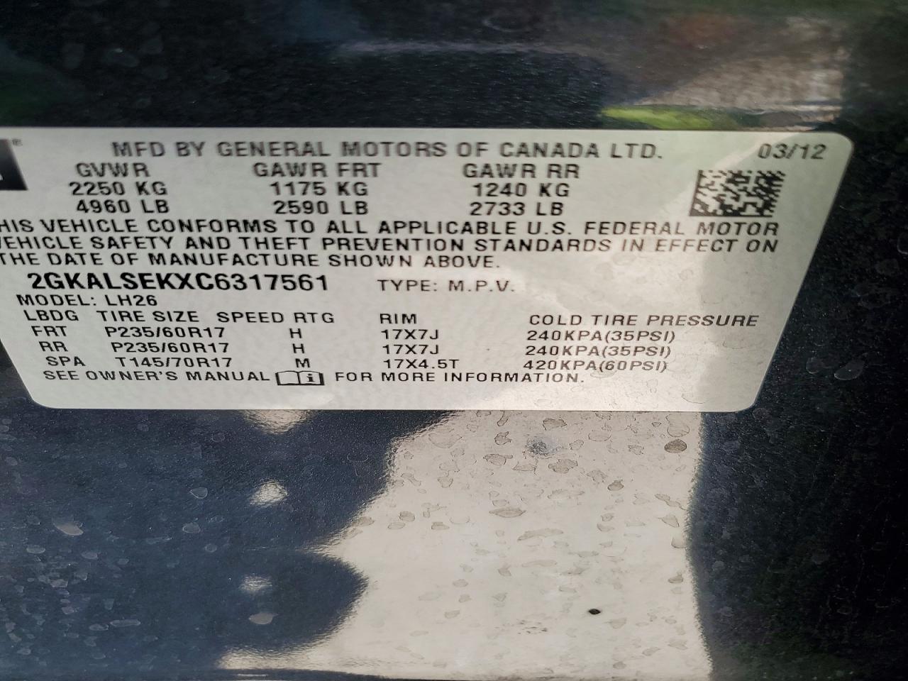 2012 Gmc Terrain Sle Black vin: 2GKALSEKXC6317561