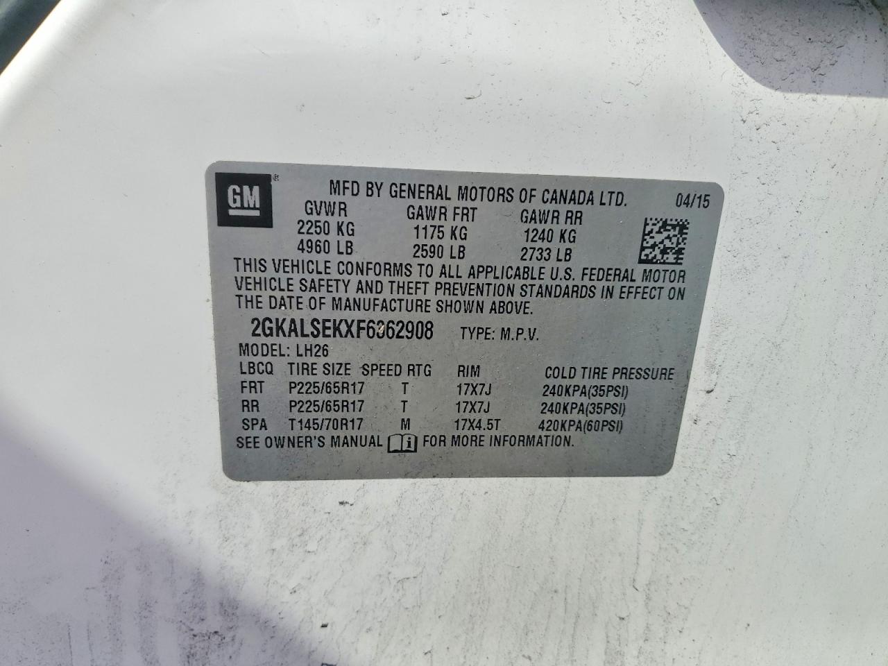 2015 Gmc Terrain Slt White vin: 2GKALSEKXF6362908
