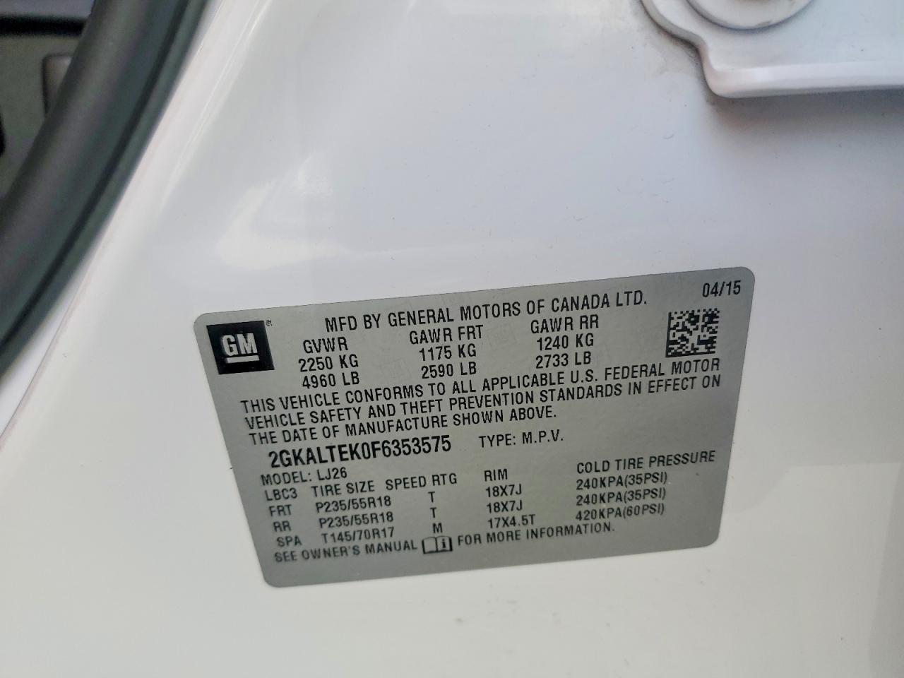 2015 Gmc Terrain Slt White vin: 2GKALTEK0F6353575