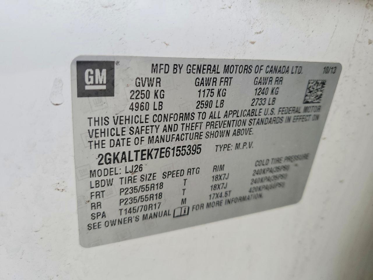 2014 Gmc Terrain Slt White vin: 2GKALTEK7E6155395