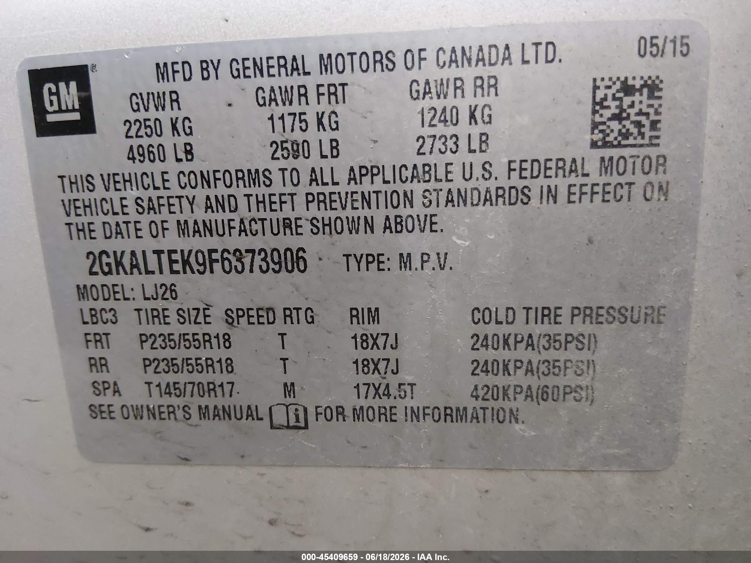 2015 Gmc Terrain Slt-2 Champagne vin: 2GKALTEK9F6373906
