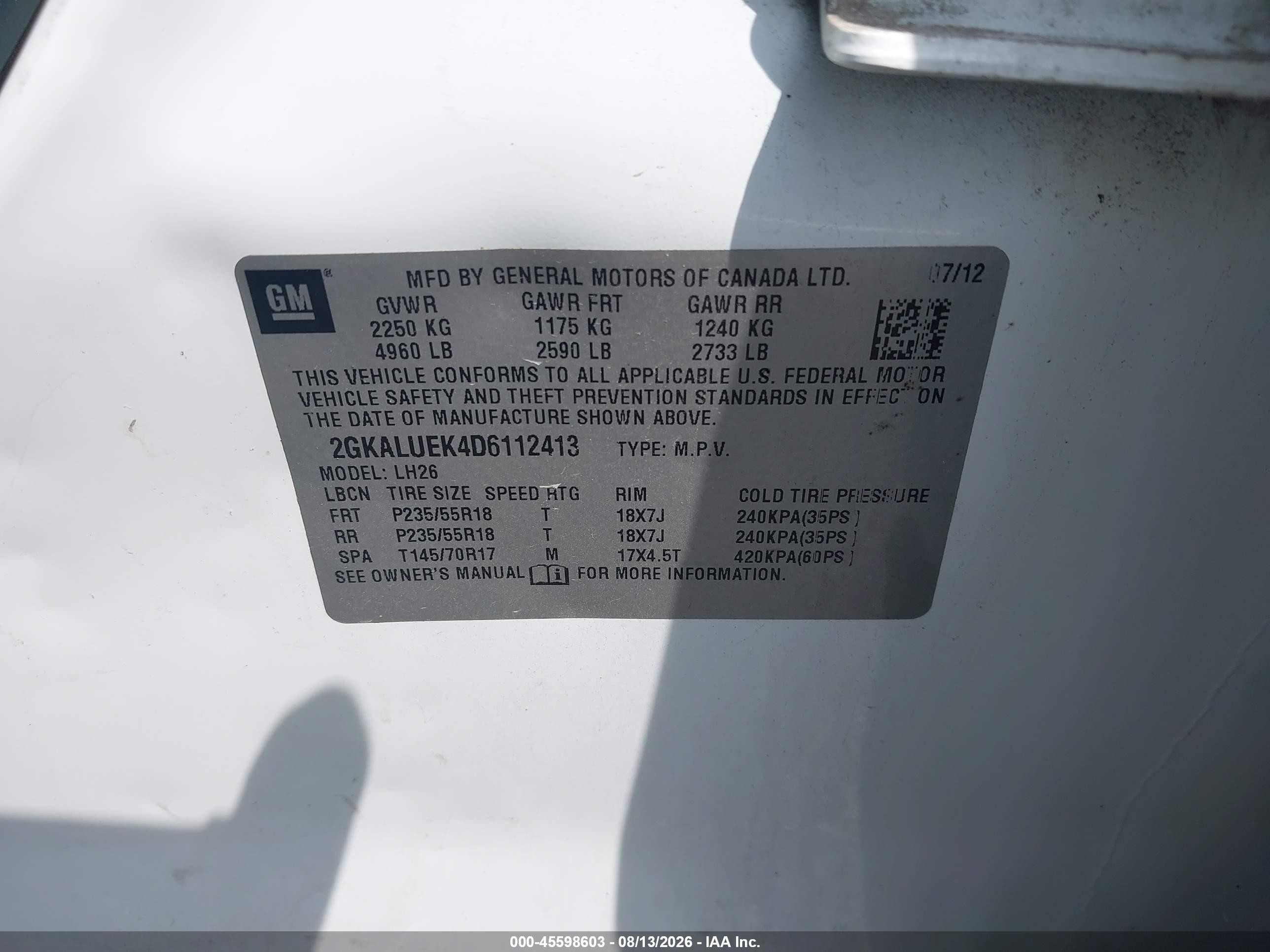 2013 Gmc Terrain Slt-1 White vin: 2GKALUEK4D6112413