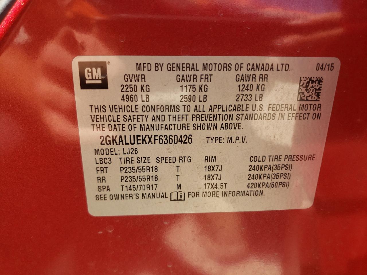 2015 Gmc Terrain Denali Red vin: 2GKALUEKXF6360426