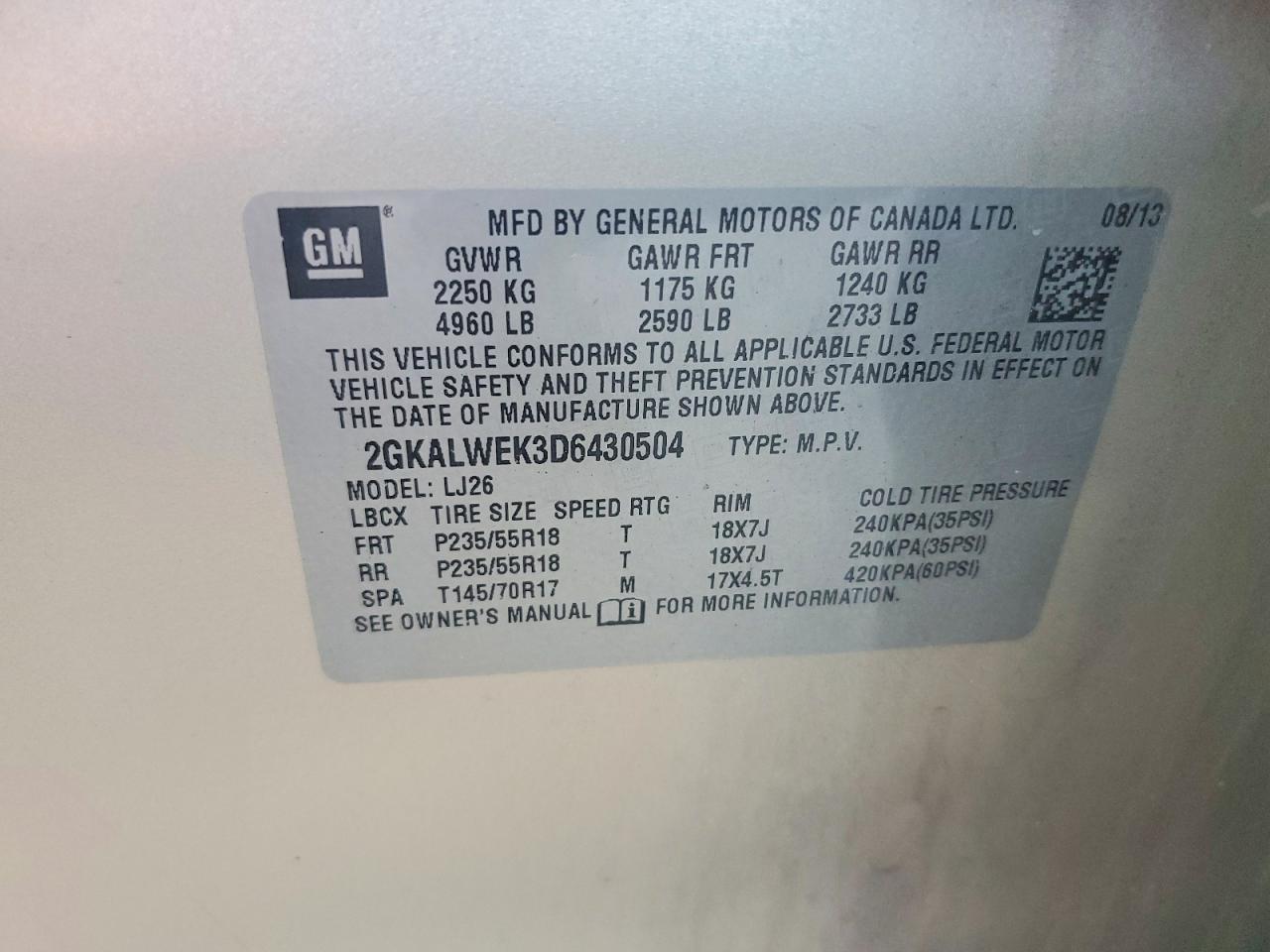 2013 Gmc Terrain Slt Gold vin: 2GKALWEK3D6430504