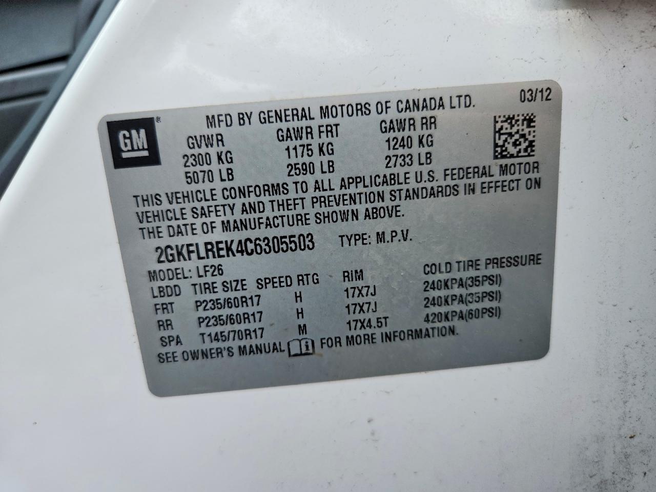 2012 Gmc Terrain Sle White vin: 2GKFLREK4C6305503