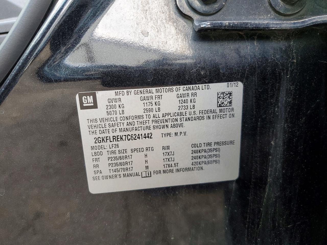 2012 Gmc Terrain Sle Black vin: 2GKFLREK7C6241442