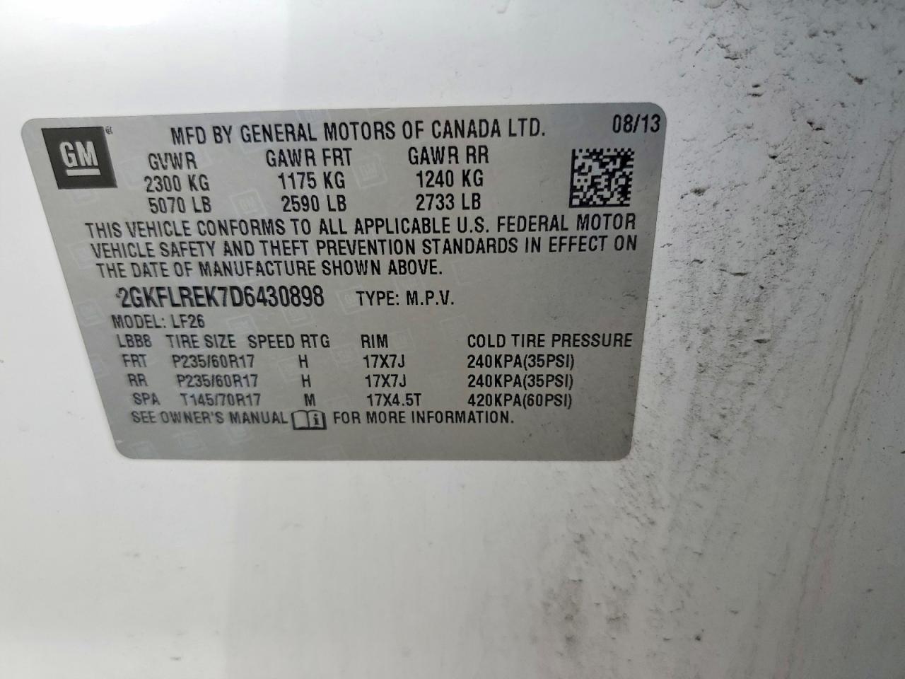 2013 Gmc Terrain Sle White vin: 2GKFLREK7D6430898