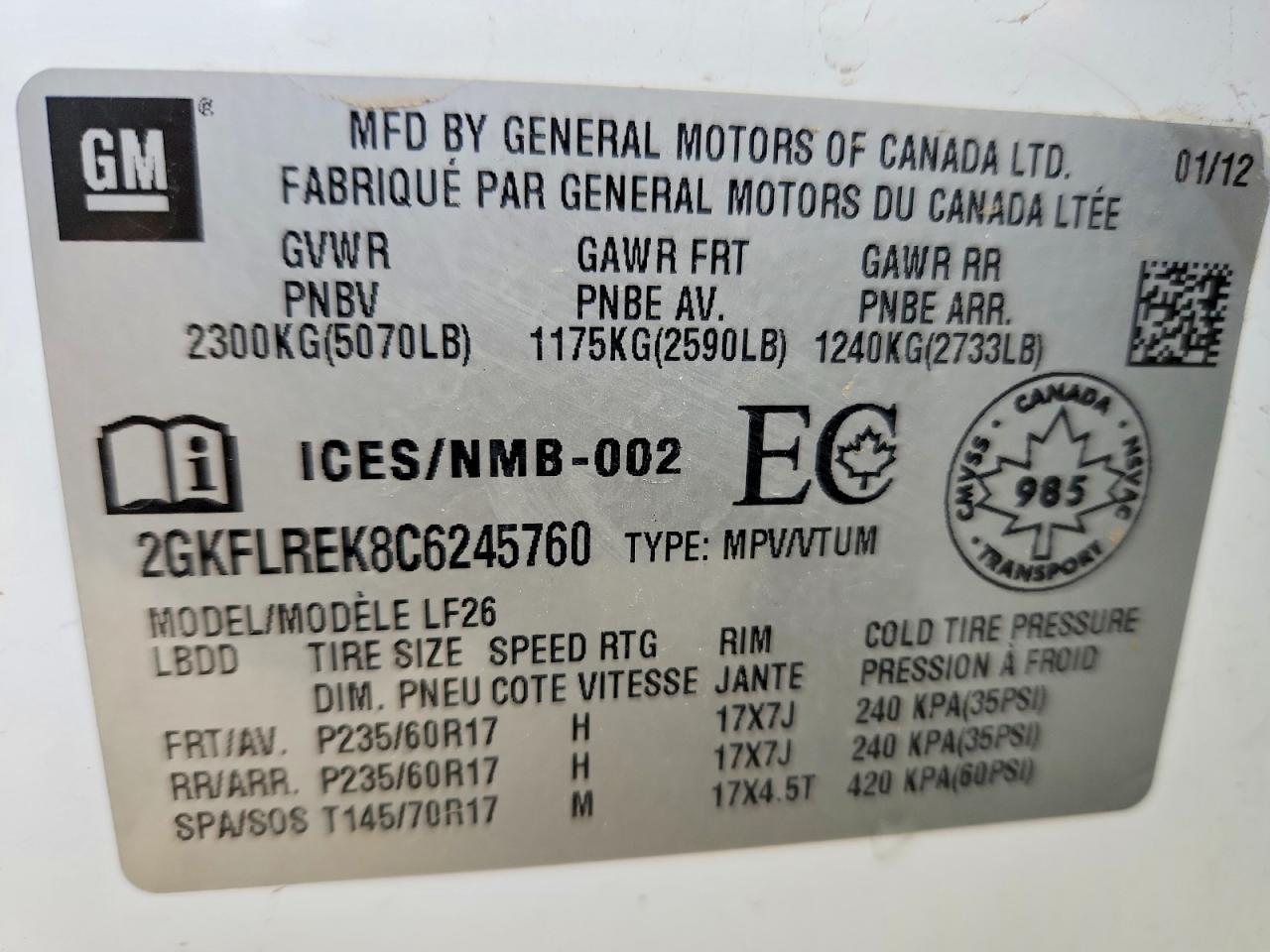 2012 Gmc Terrain Sle White vin: 2GKFLREK8C6245760