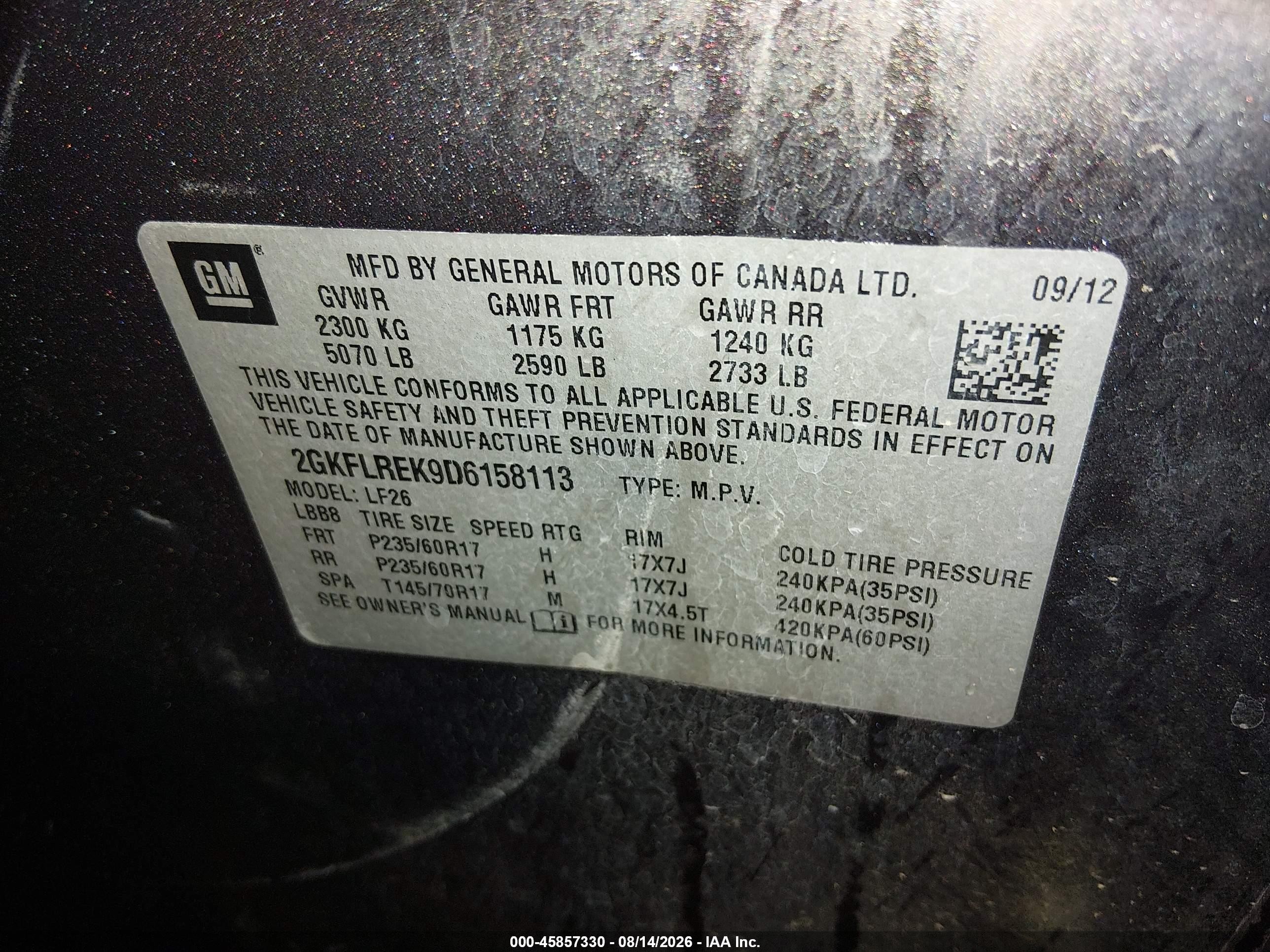 2013 Gmc Terrain Sle-1 Black vin: 2GKFLREK9D6158113