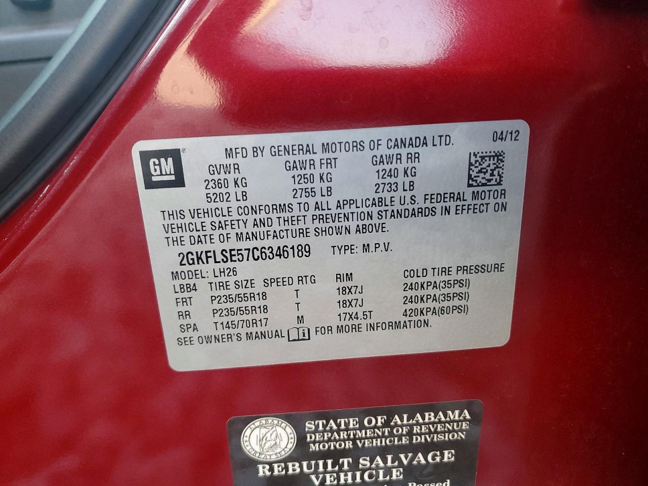 2012 Gmc Terrain Sle Burgundy vin: 2GKFLSE57C6346189