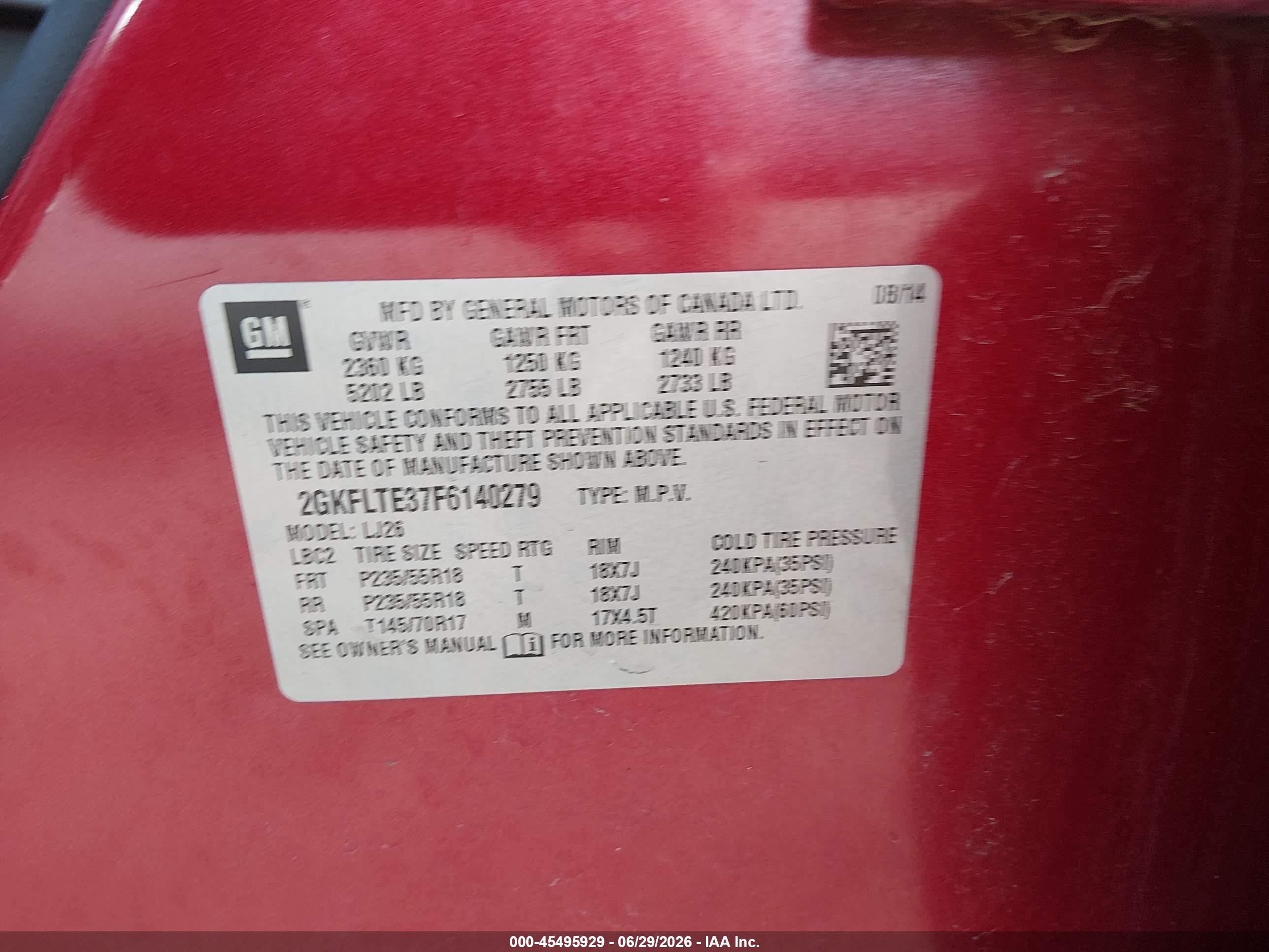 2015 Gmc Terrain Slt-2 Red vin: 2GKFLTE37F6140279