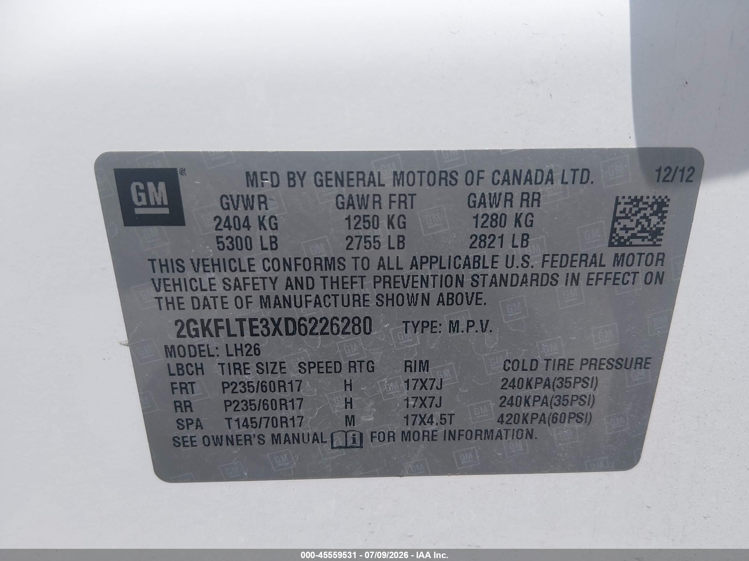 2013 Gmc Terrain Sle-2 White vin: 2GKFLTE3XD6226280