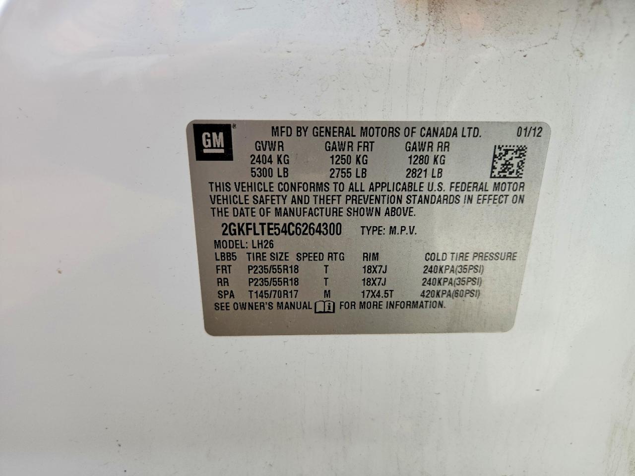 2012 Gmc Terrain Sle White vin: 2GKFLTE54C6264300