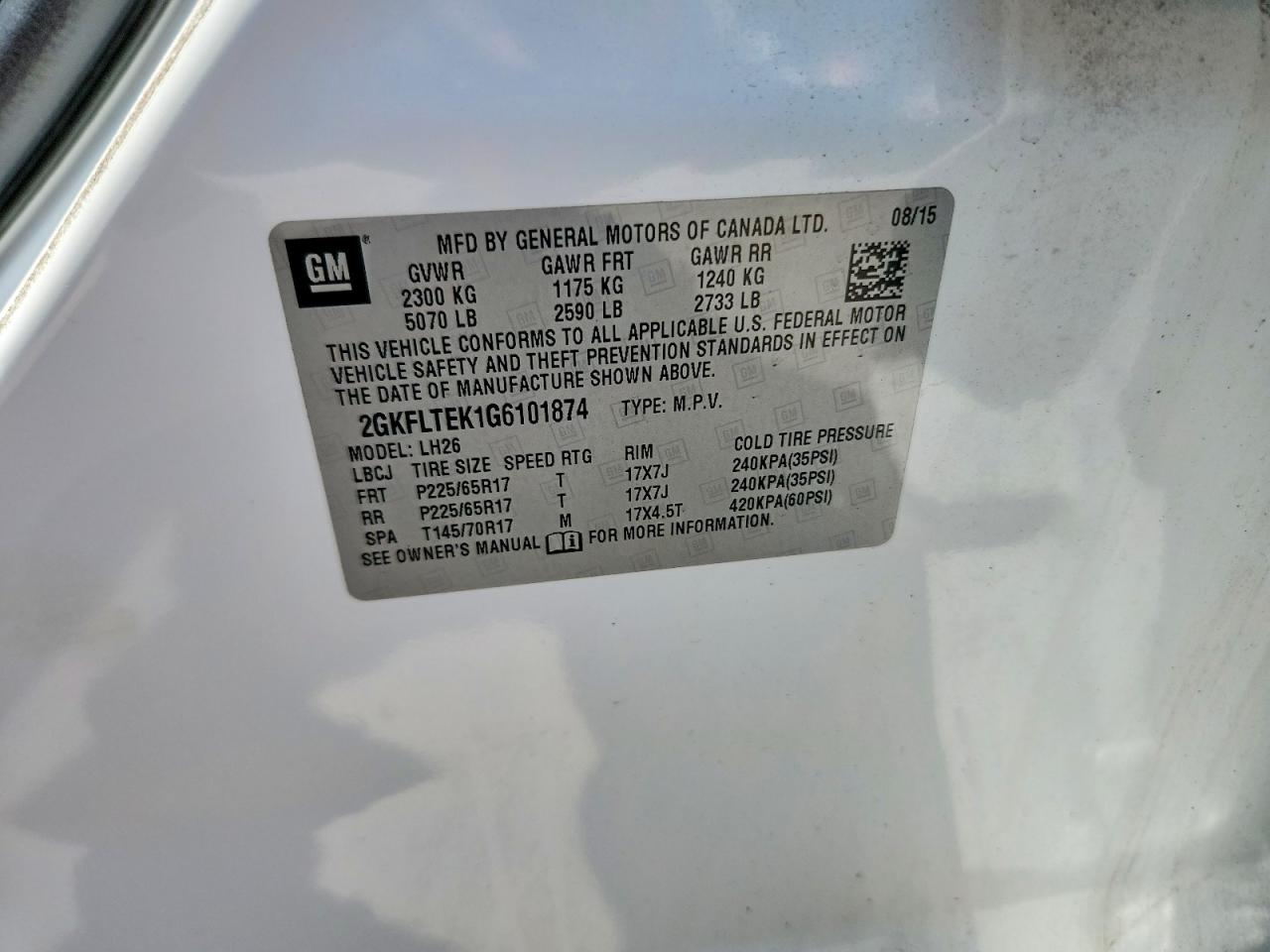 2015 Gmc Terrain White vin: 2GKFLTEK1G6101874