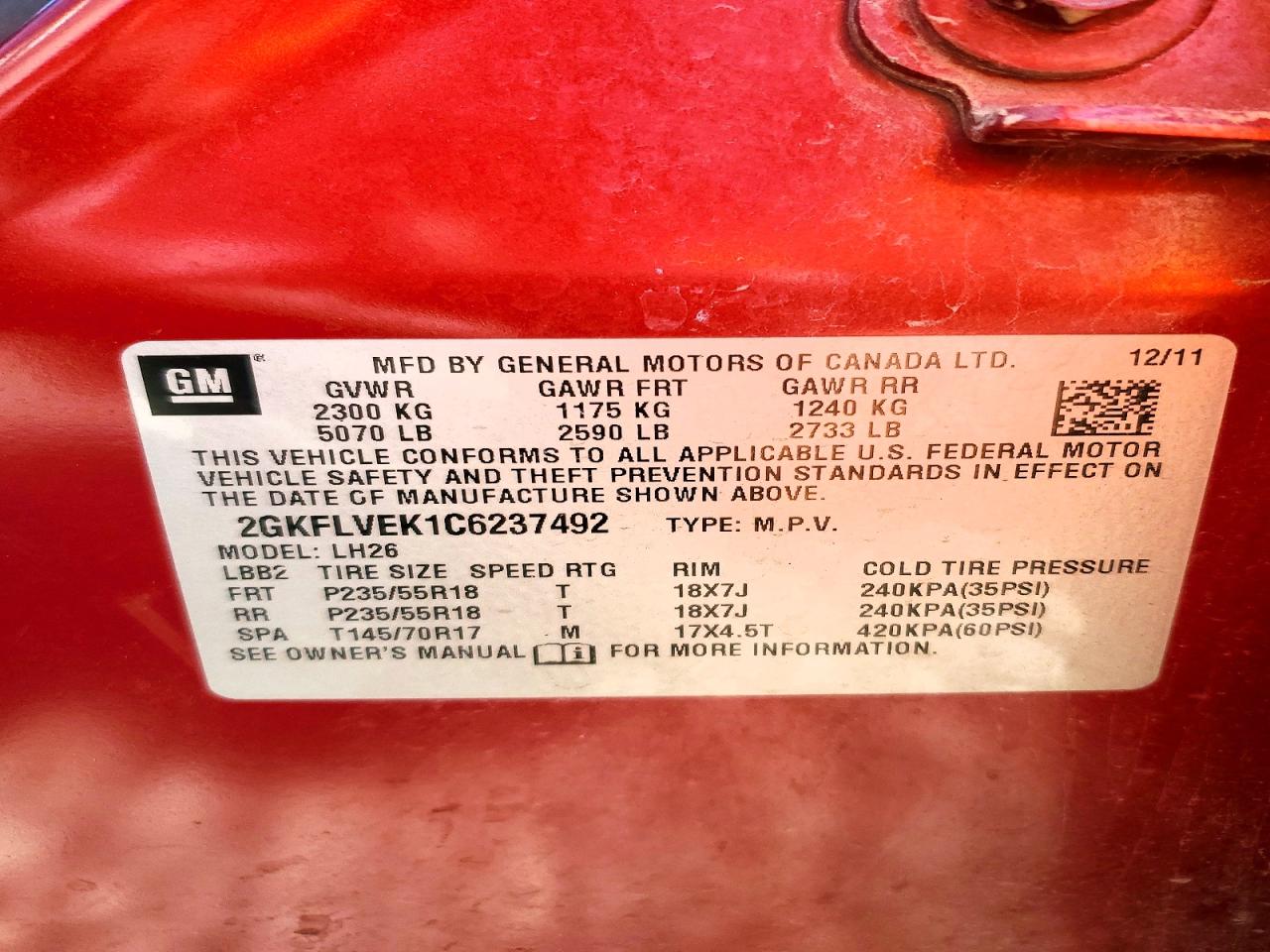 2012 Gmc Terrain Slt Red vin: 2GKFLVEK1C6237492