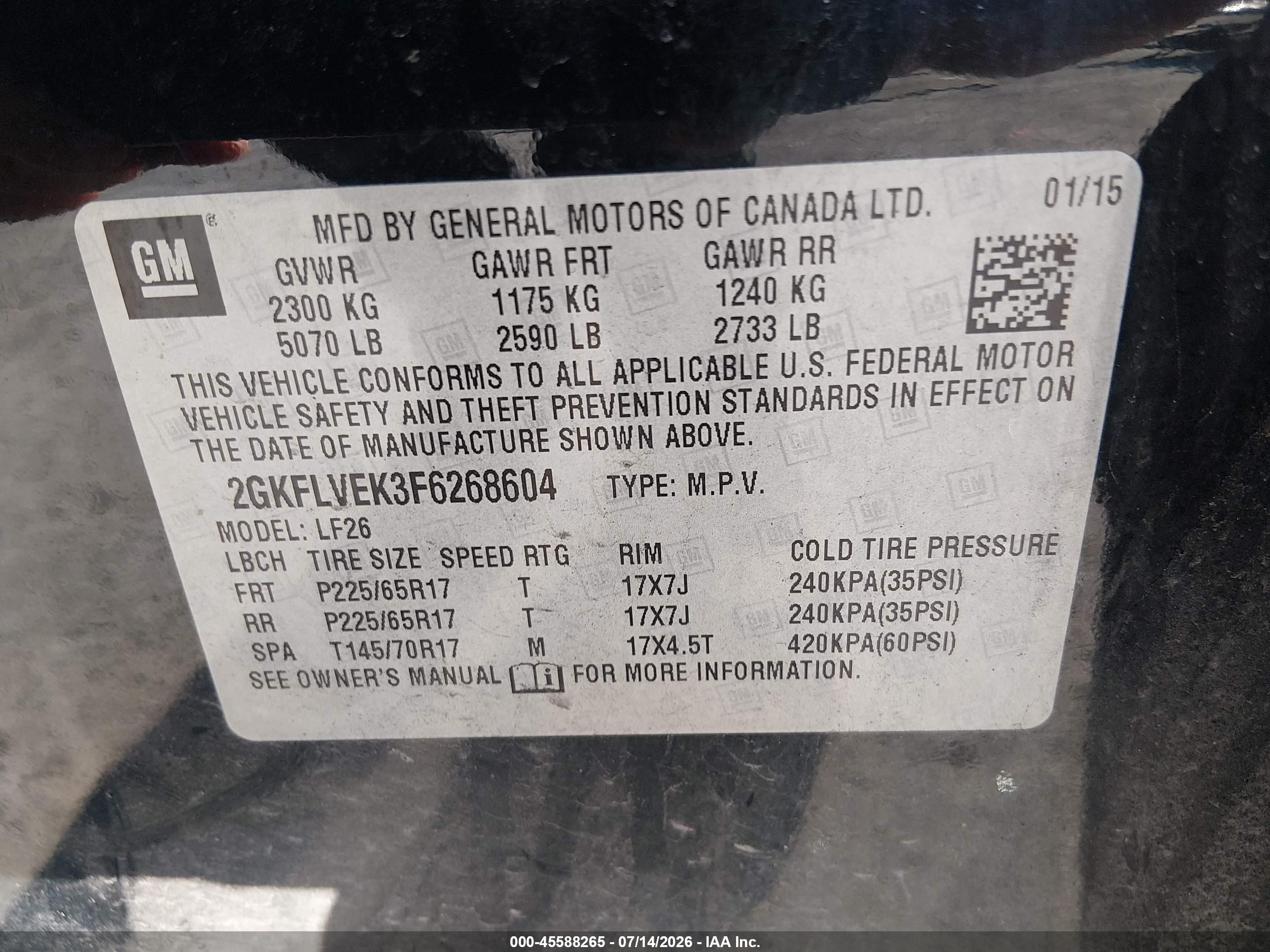 2015 Gmc Terrain Sle-1 Black vin: 2GKFLVEK3F6268604