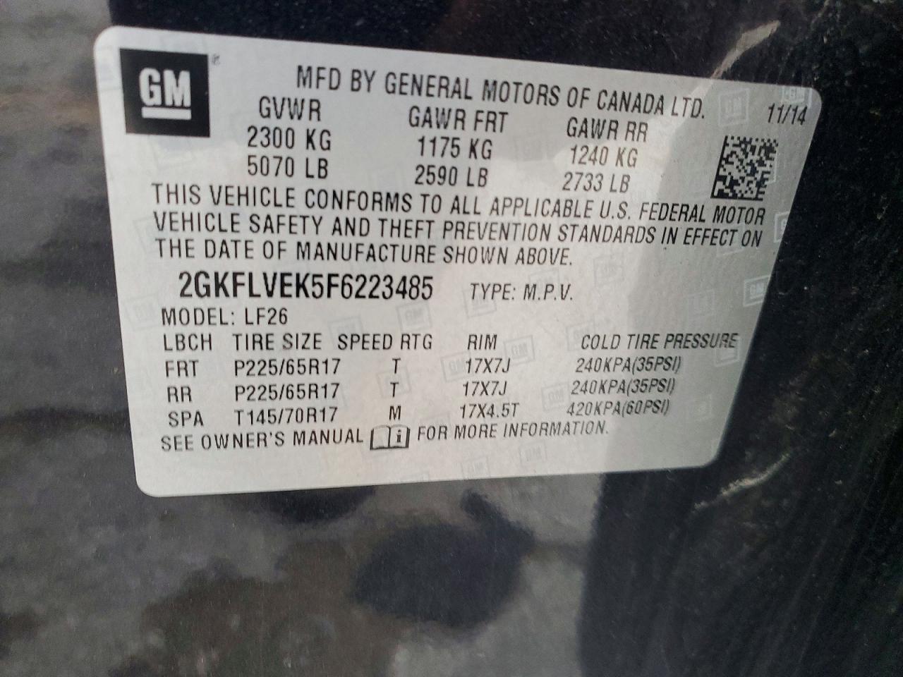 2015 Gmc Terrain Black vin: 2GKFLVEK5F6223485