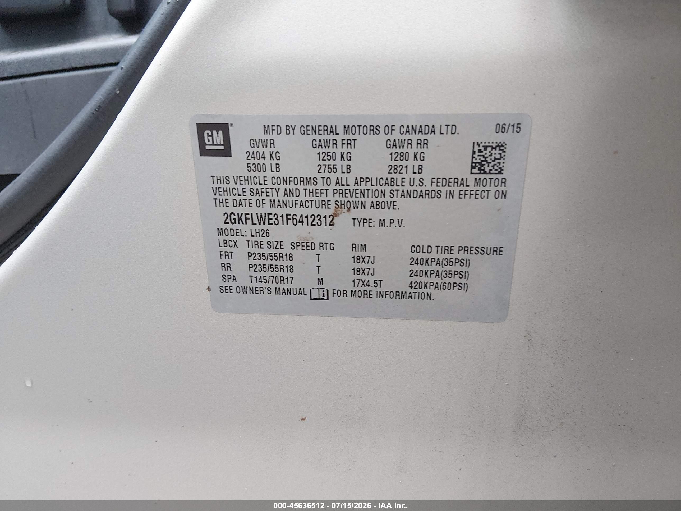 2015 Gmc Terrain Sle-2 Champagne vin: 2GKFLWE31F6412312