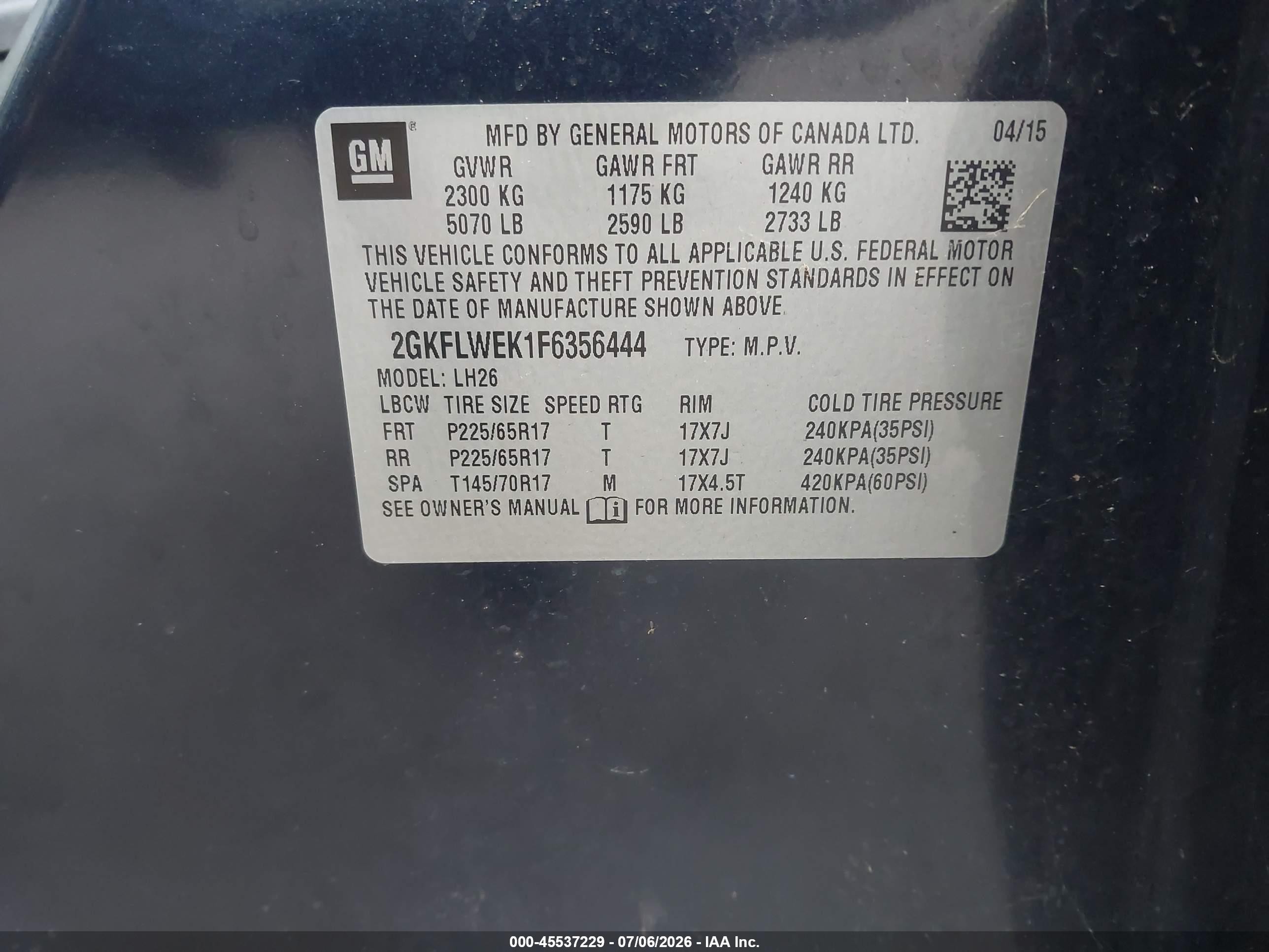 2015 Gmc Terrain Sle-2 Blue vin: 2GKFLWEK1F6356444