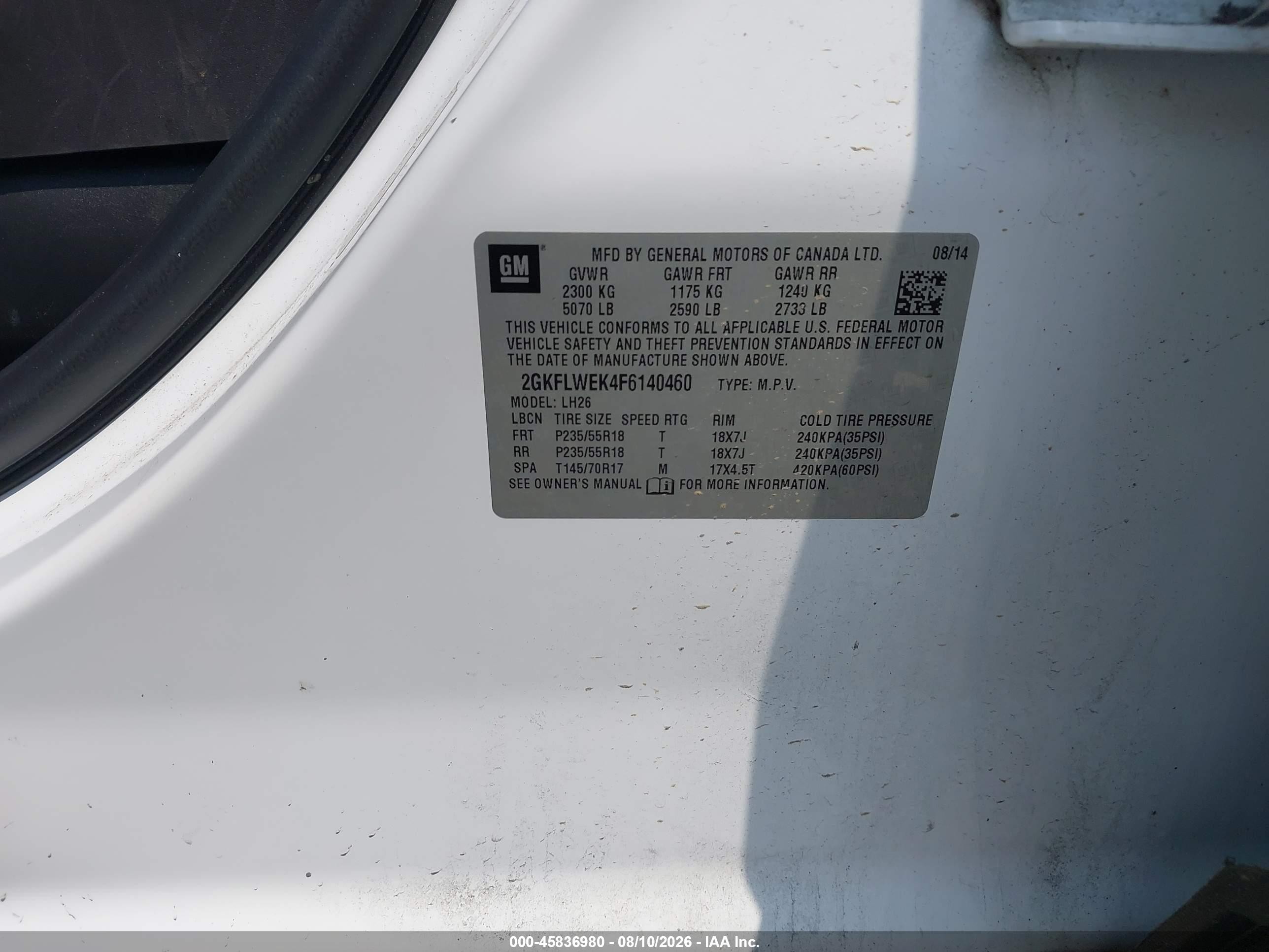 2015 Gmc Terrain Sle-2 White vin: 2GKFLWEK4F6140460