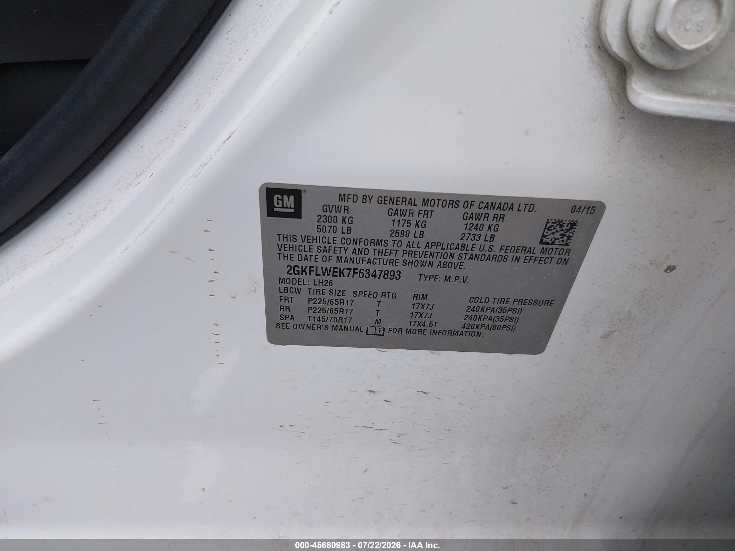 2015 Gmc Terrain Sle-2 White vin: 2GKFLWEK7F6347893