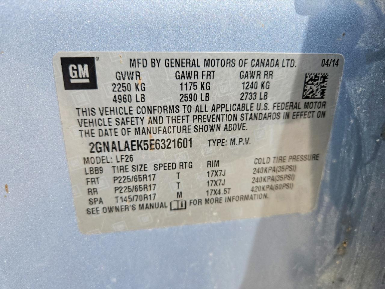 2014 Chevrolet Equinox Ls Blue vin: 2GNALAEK5E6321601