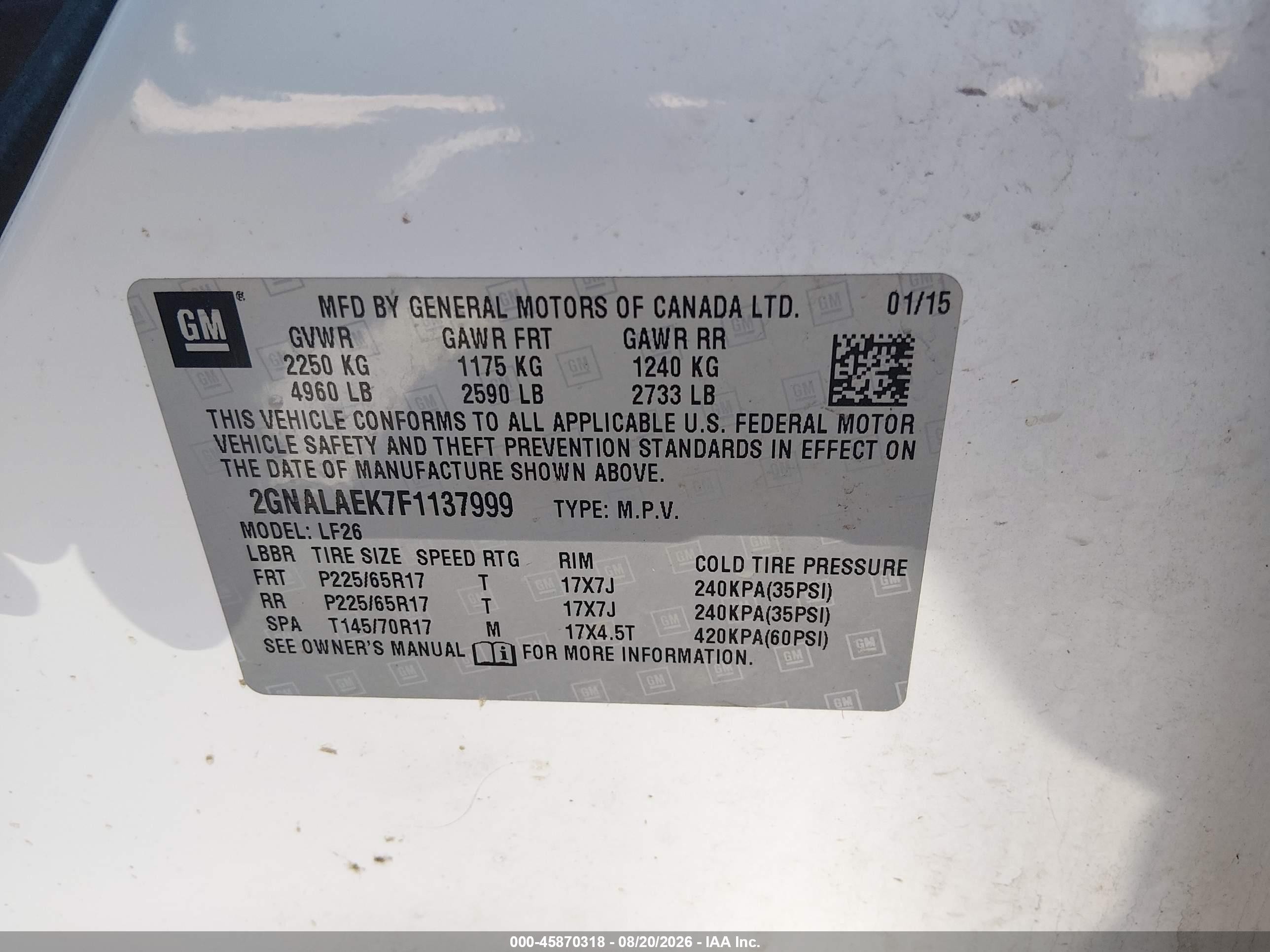 2015 Chevrolet Equinox Ls White vin: 2GNALAEK7F1137999