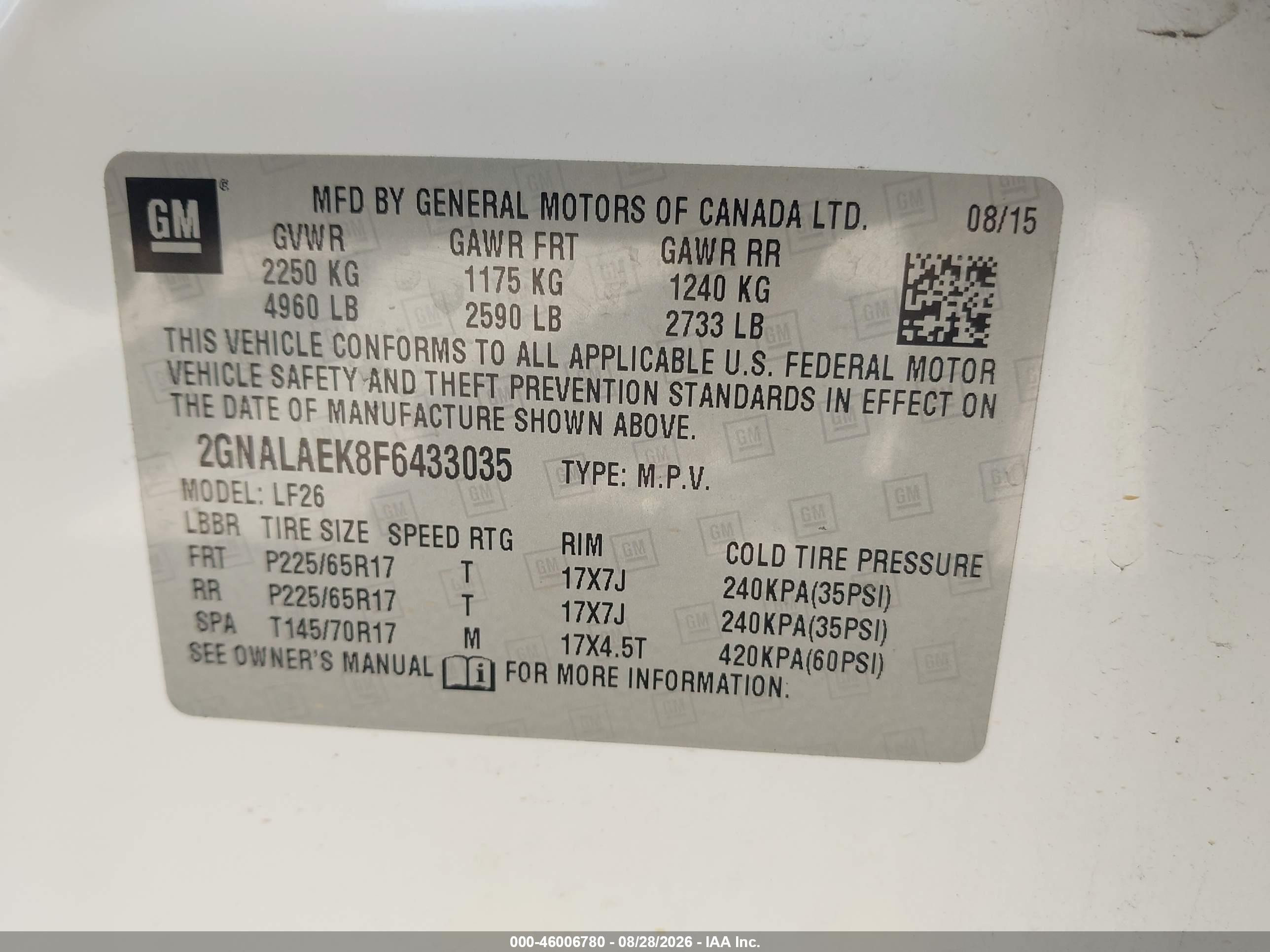 2015 Chevrolet Equinox Ls White vin: 2GNALAEK8F6433035