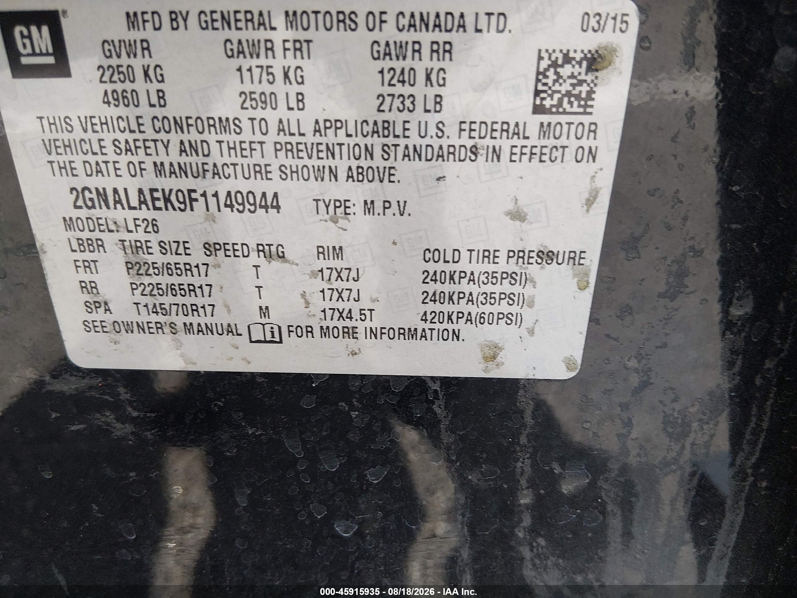 2015 Chevrolet Equinox Ls Black vin: 2GNALAEK9F1149944