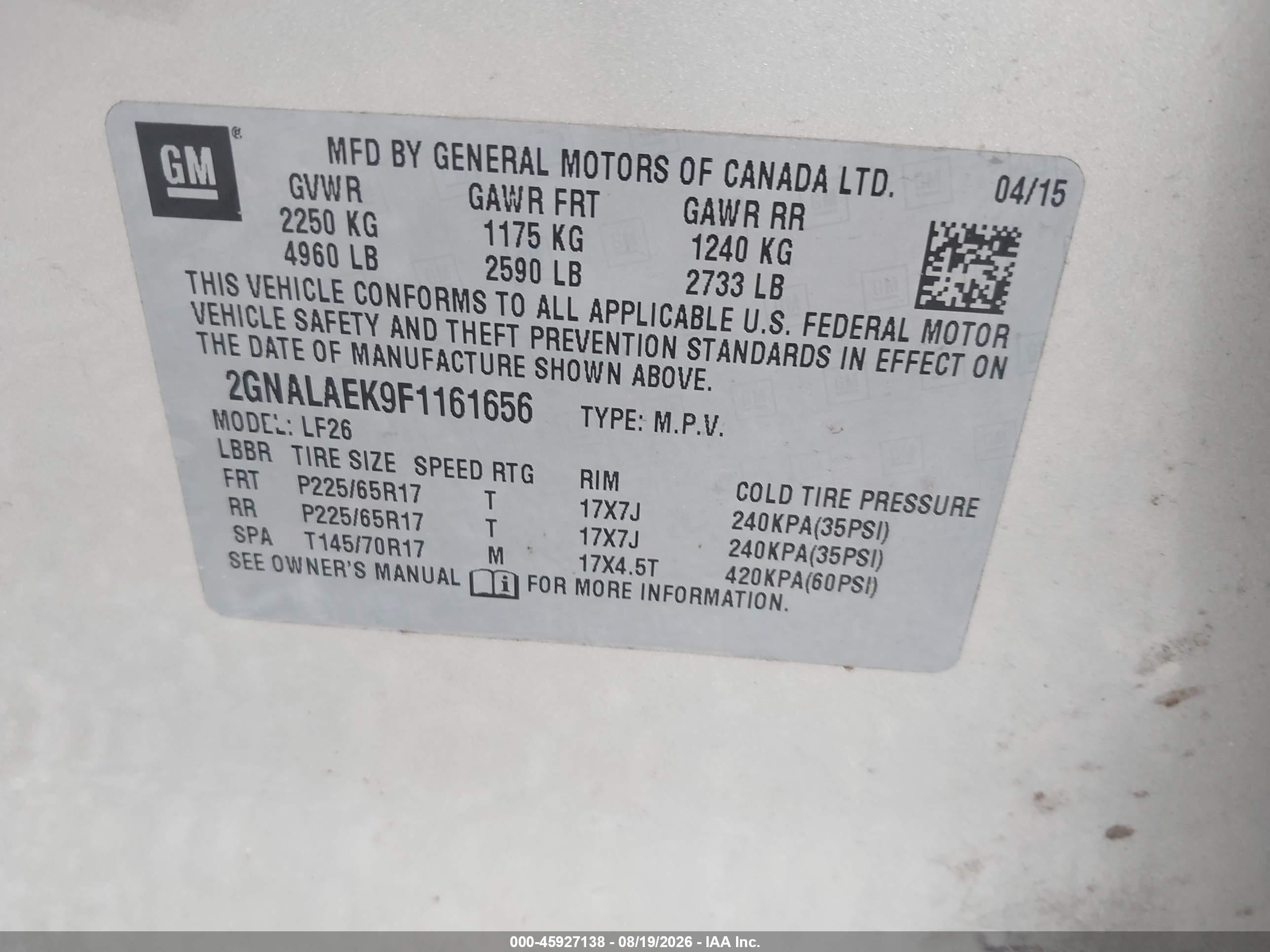 2015 Chevrolet Equinox Ls Champagne vin: 2GNALAEK9F1161656