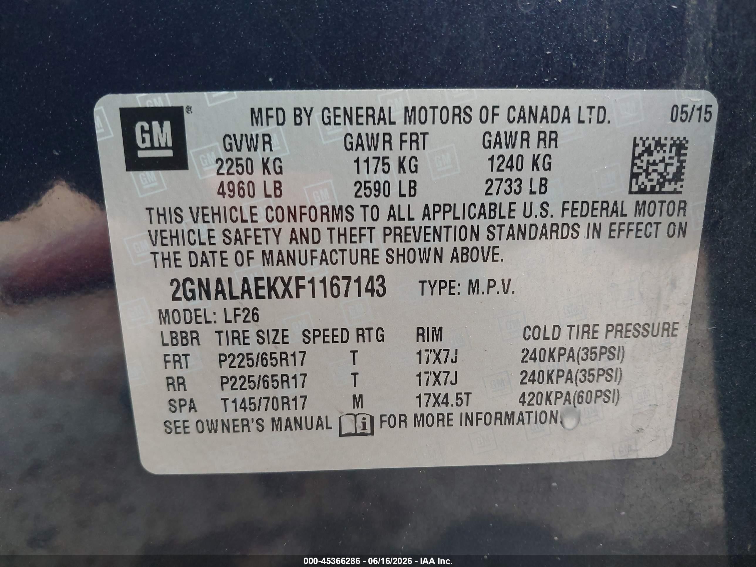 2015 Chevrolet Equinox Ls Blue vin: 2GNALAEKXF1167143