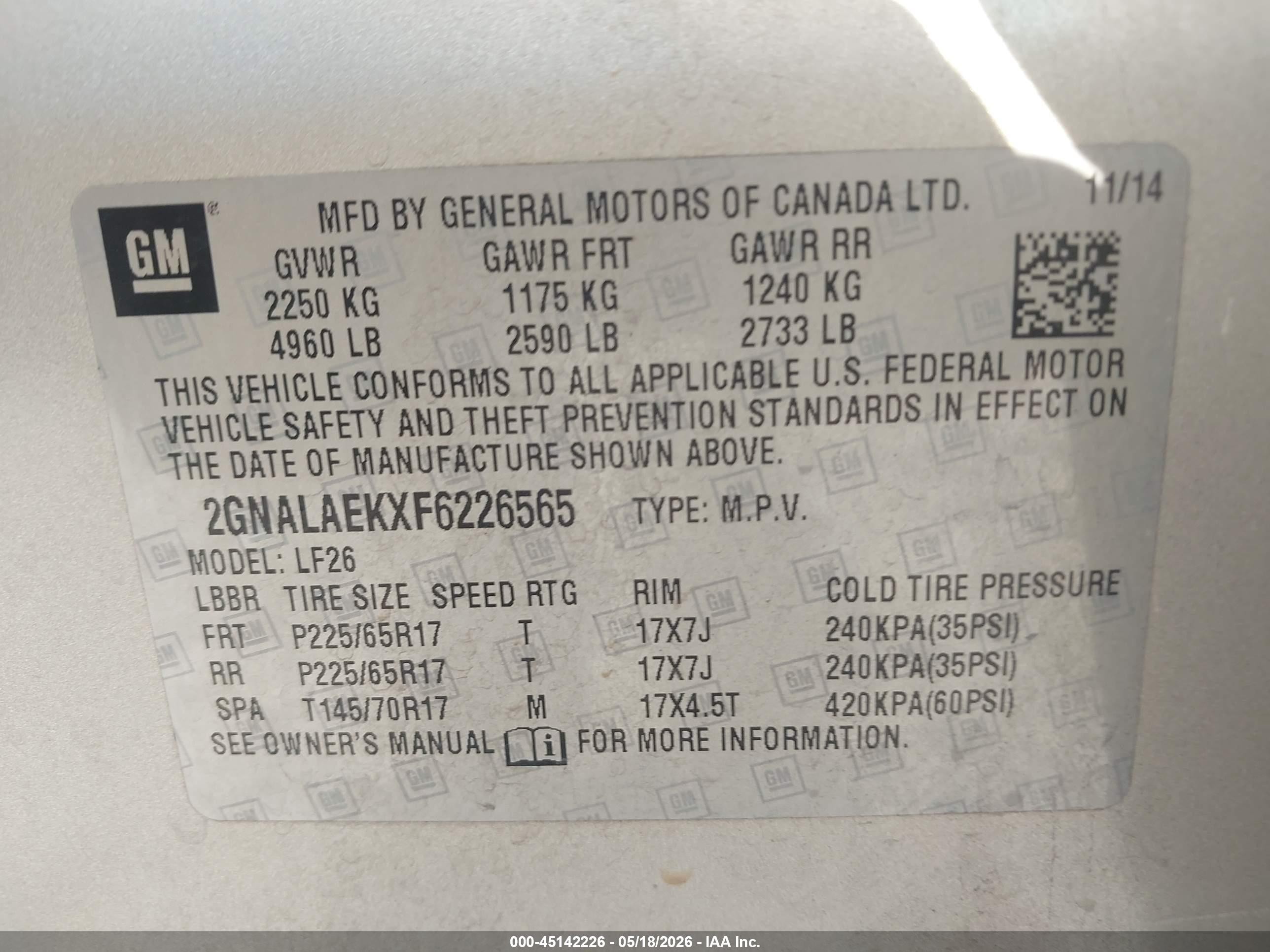 2015 Chevrolet Equinox Ls Gold vin: 2GNALAEKXF6226565