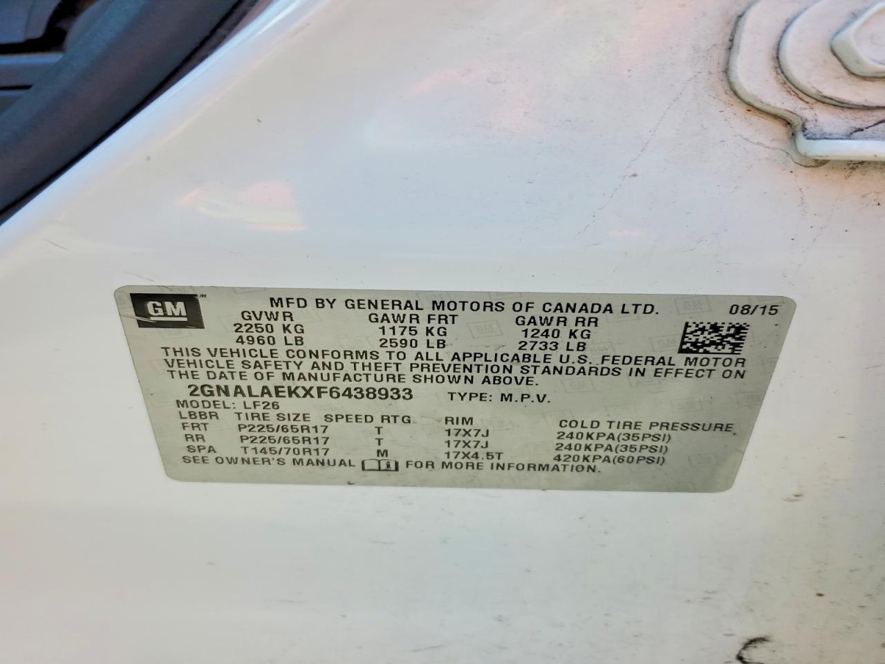 2015 Chevrolet Equinox Ls White vin: 2GNALAEKXF6438933