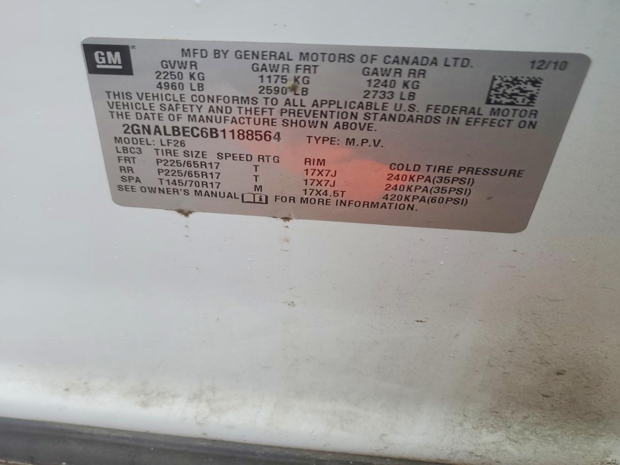 2011 Chevrolet Equinox Ls White vin: 2GNALBEC6B1188564