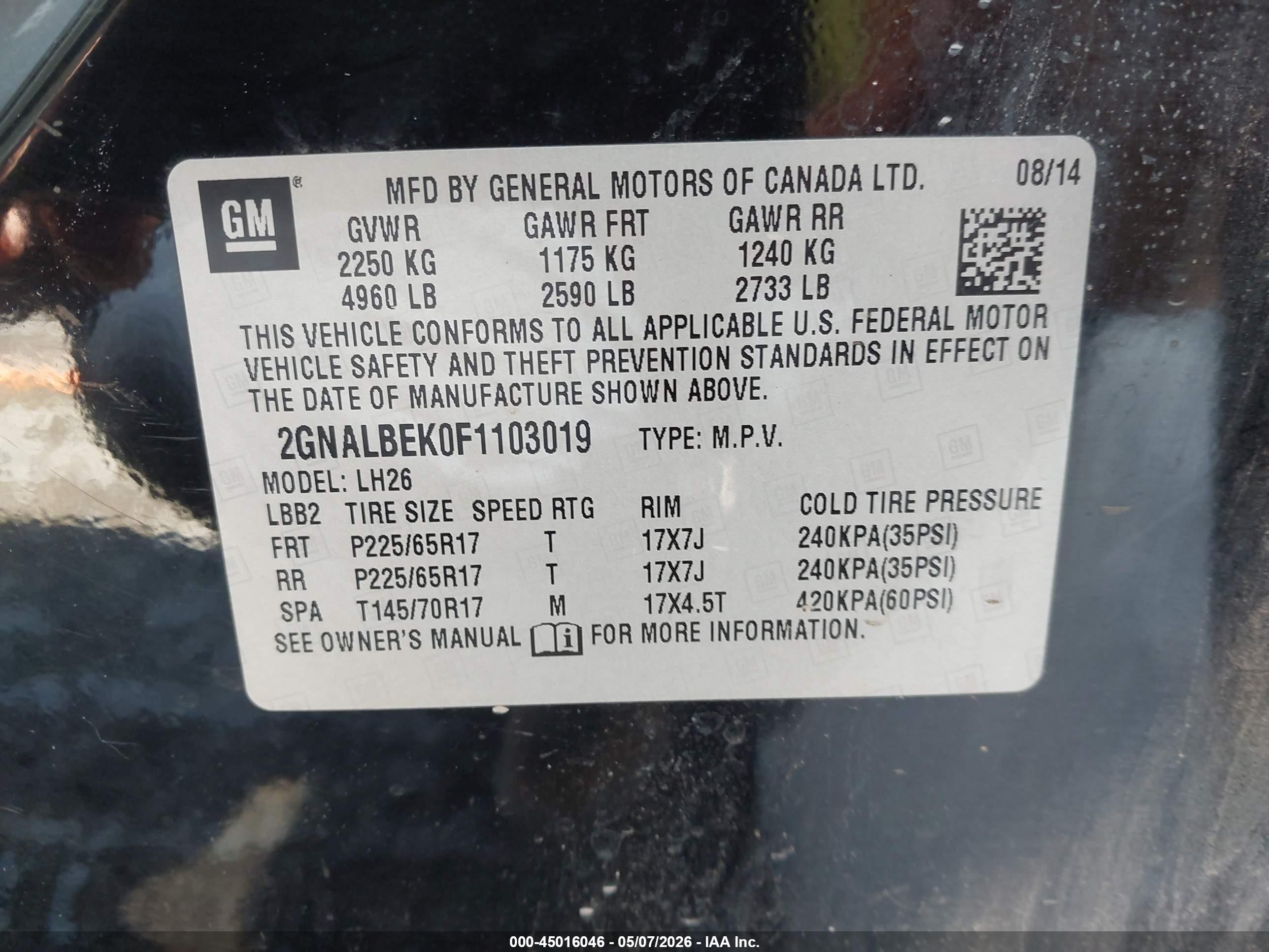 2015 Chevrolet Equinox 1lt Black vin: 2GNALBEK0F1103019
