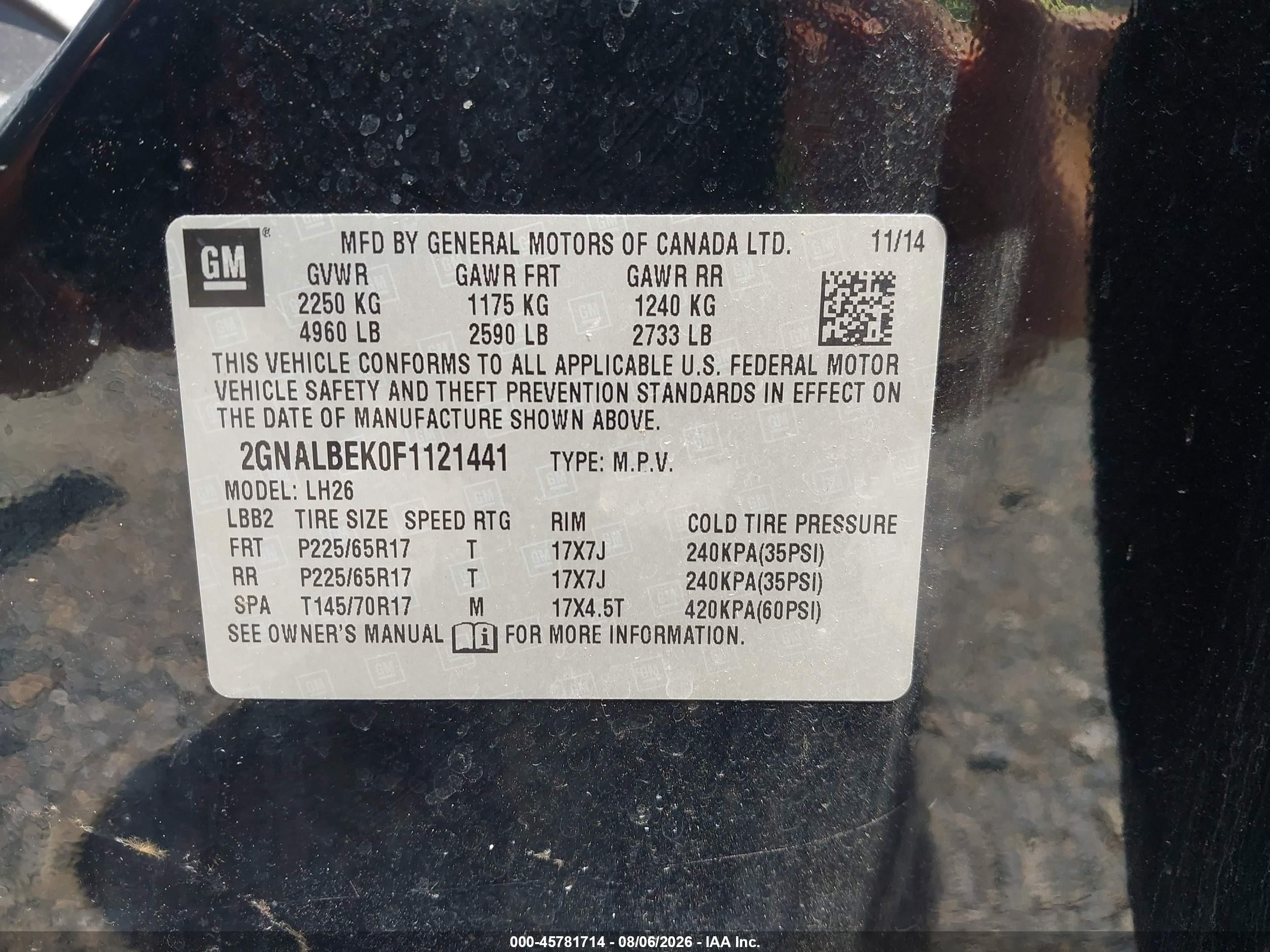 2015 Chevrolet Equinox Lt Black vin: 2GNALBEK0F1121441
