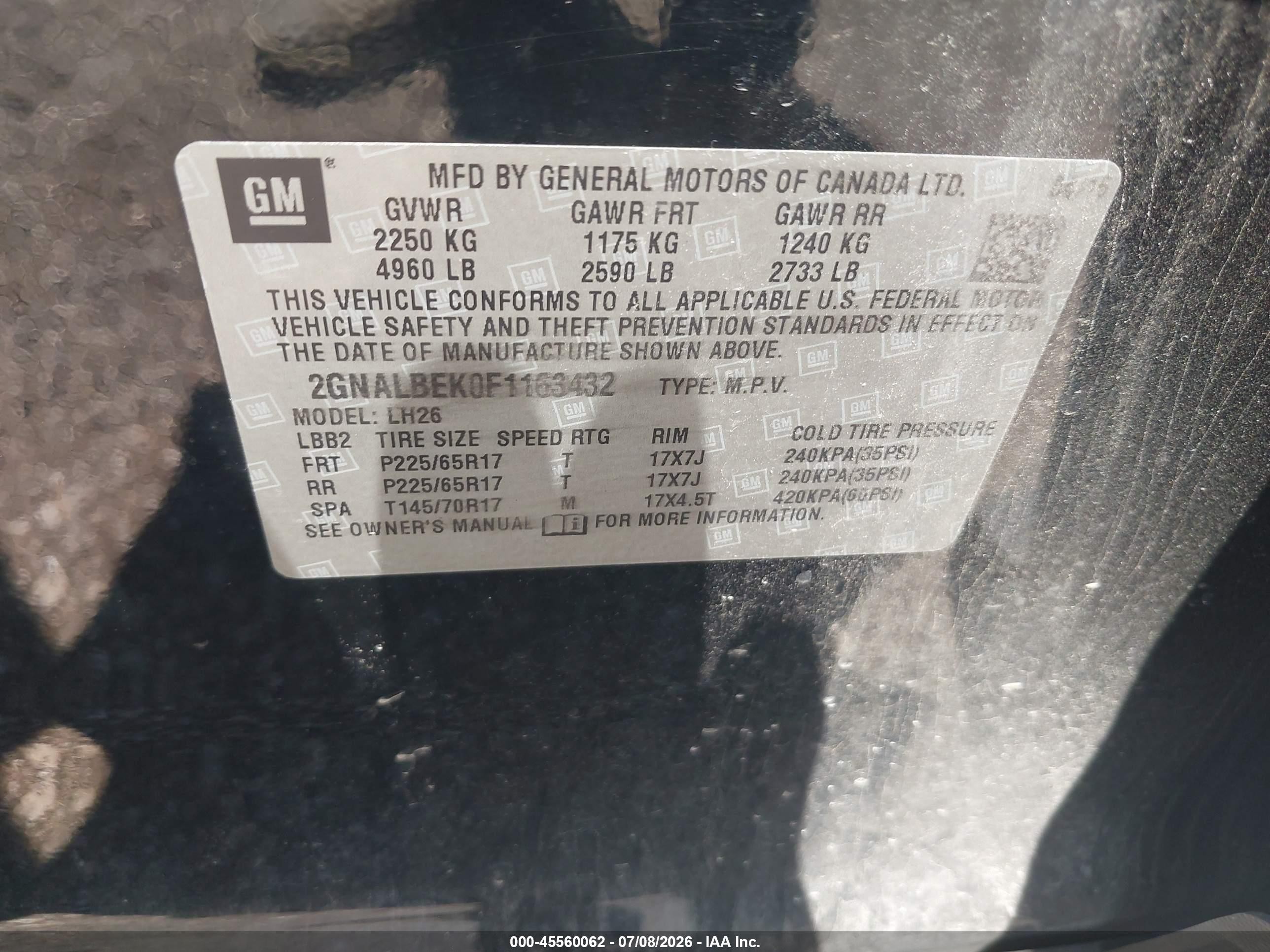 2015 Chevrolet Equinox Lt Black vin: 2GNALBEK0F1163432