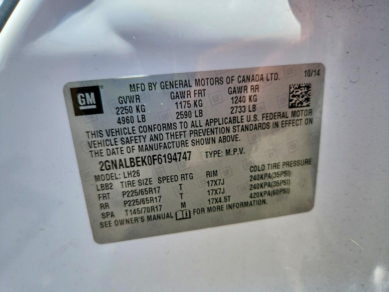 2015 Chevrolet Equinox Lt White vin: 2GNALBEK0F6194747