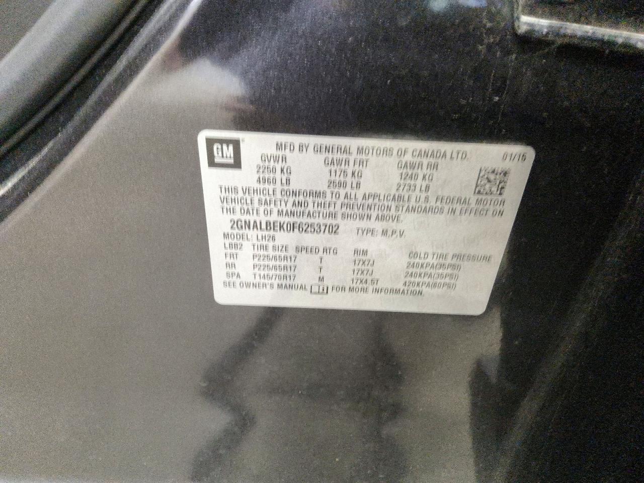 2015 Chevrolet Equinox Lt Black vin: 2GNALBEK0F6253702