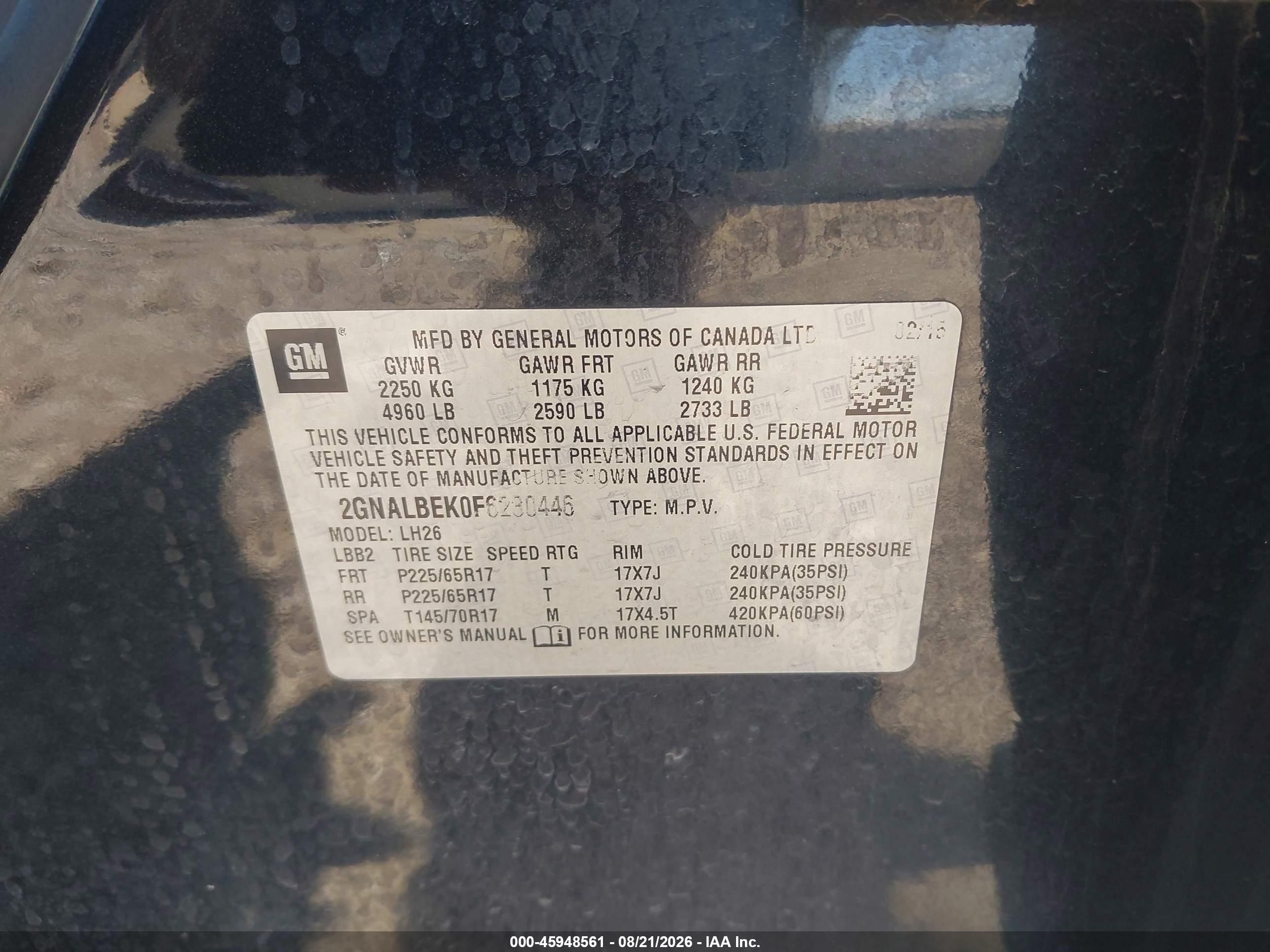 2015 Chevrolet Equinox Lt Black vin: 2GNALBEK0F6280446