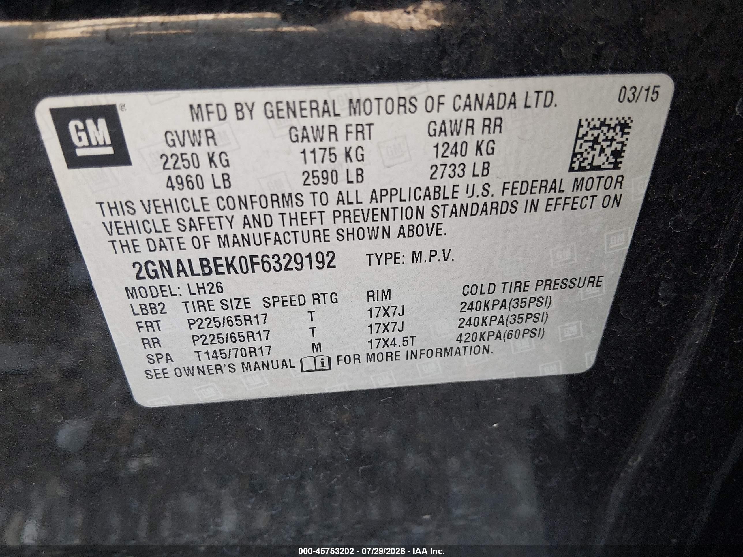 2015 Chevrolet Equinox Lt Black vin: 2GNALBEK0F6329192