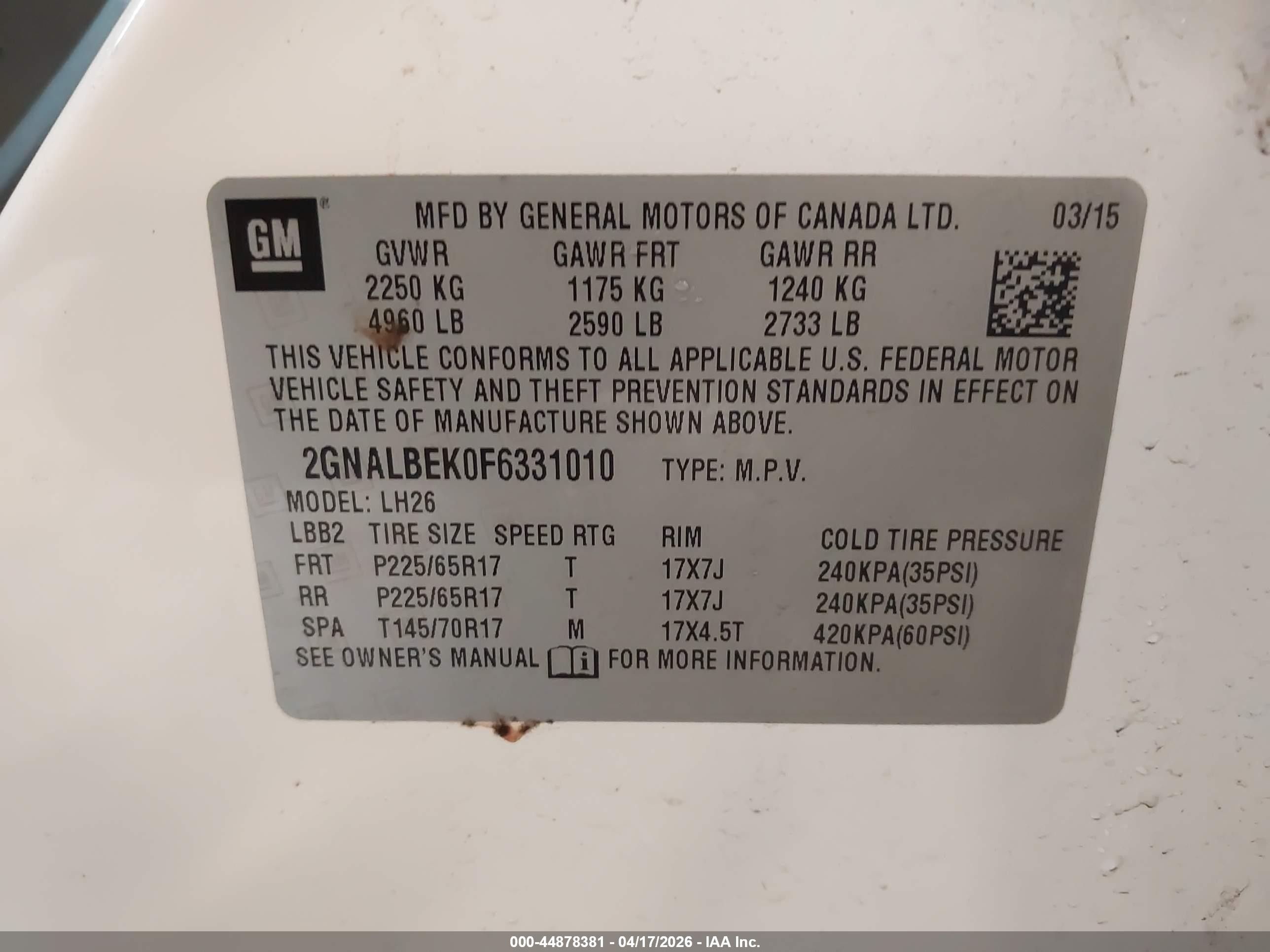 2015 Chevrolet Equinox 1lt White vin: 2GNALBEK0F6331010