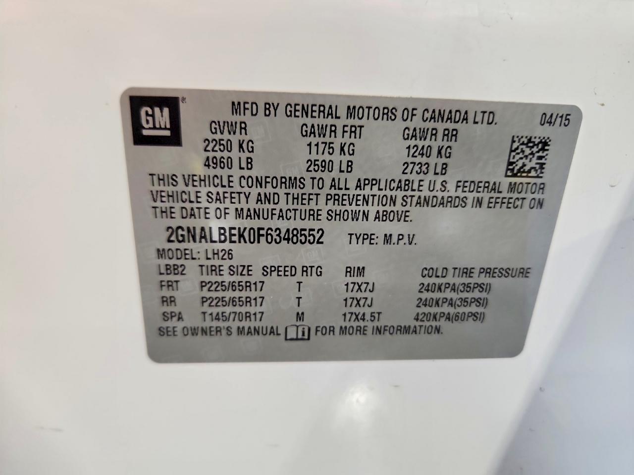 2015 Chevrolet Equinox Lt White vin: 2GNALBEK0F6348552