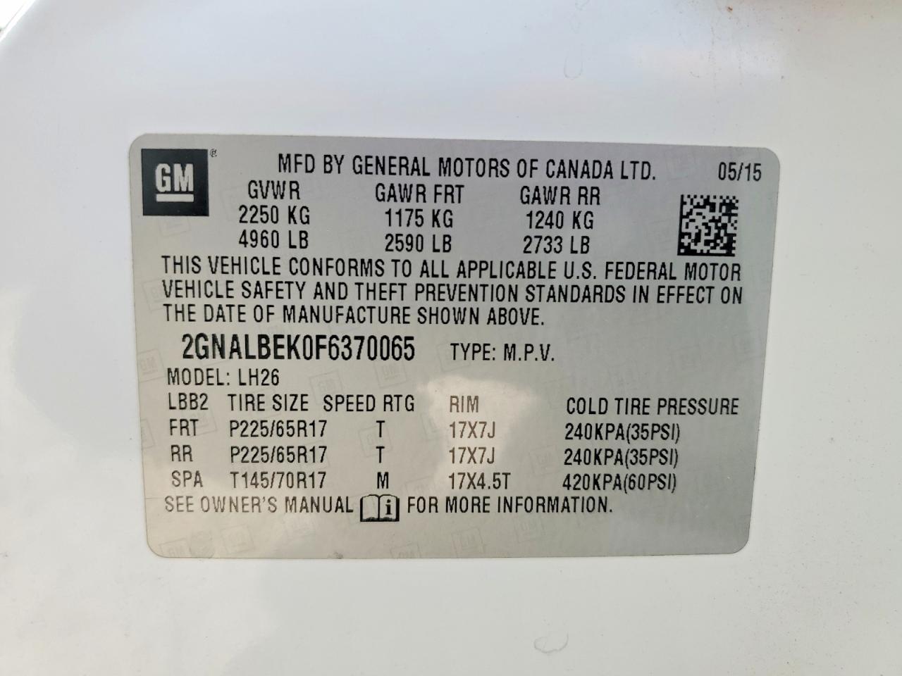 2015 Chevrolet Equinox Lt White vin: 2GNALBEK0F6370065